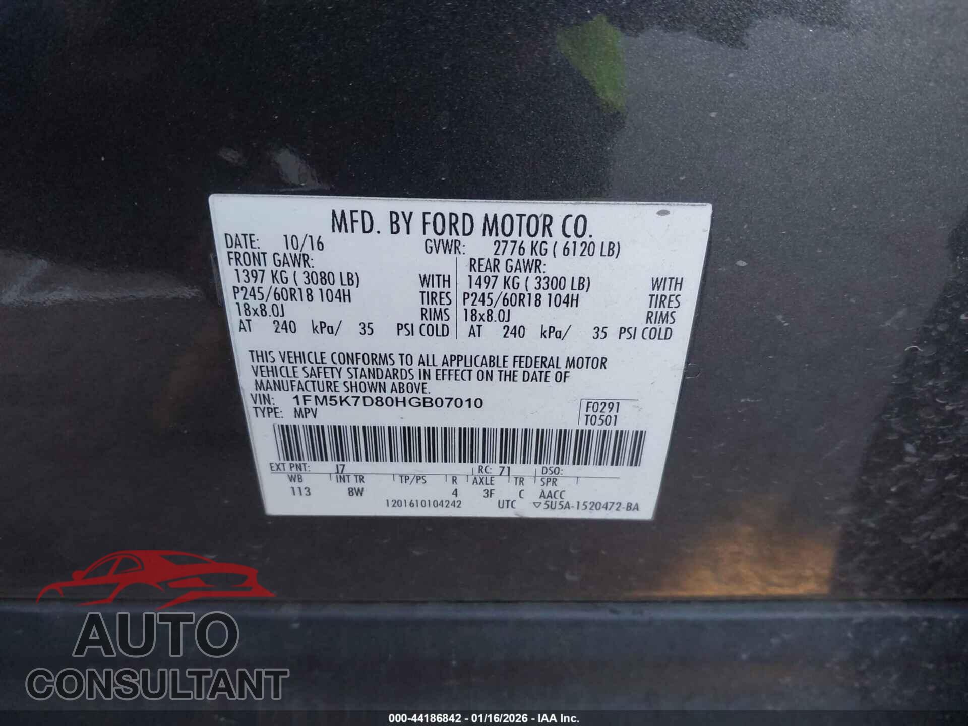 FORD EXPLORER 2017 - 1FM5K7D80HGB07010