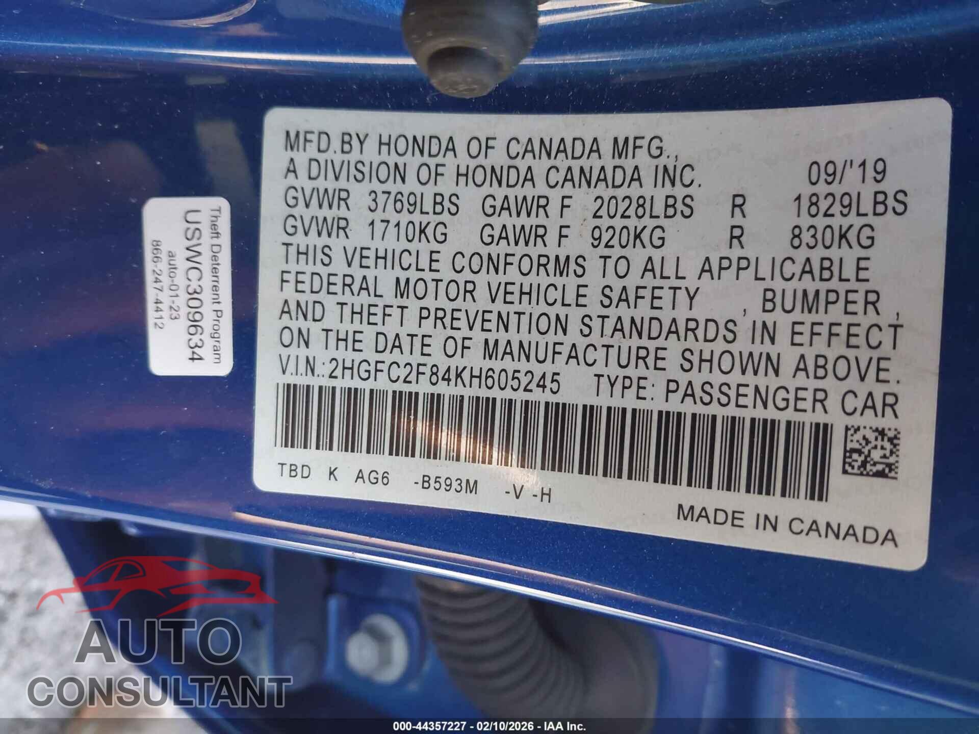 HONDA CIVIC 2019 - 2HGFC2F84KH605245