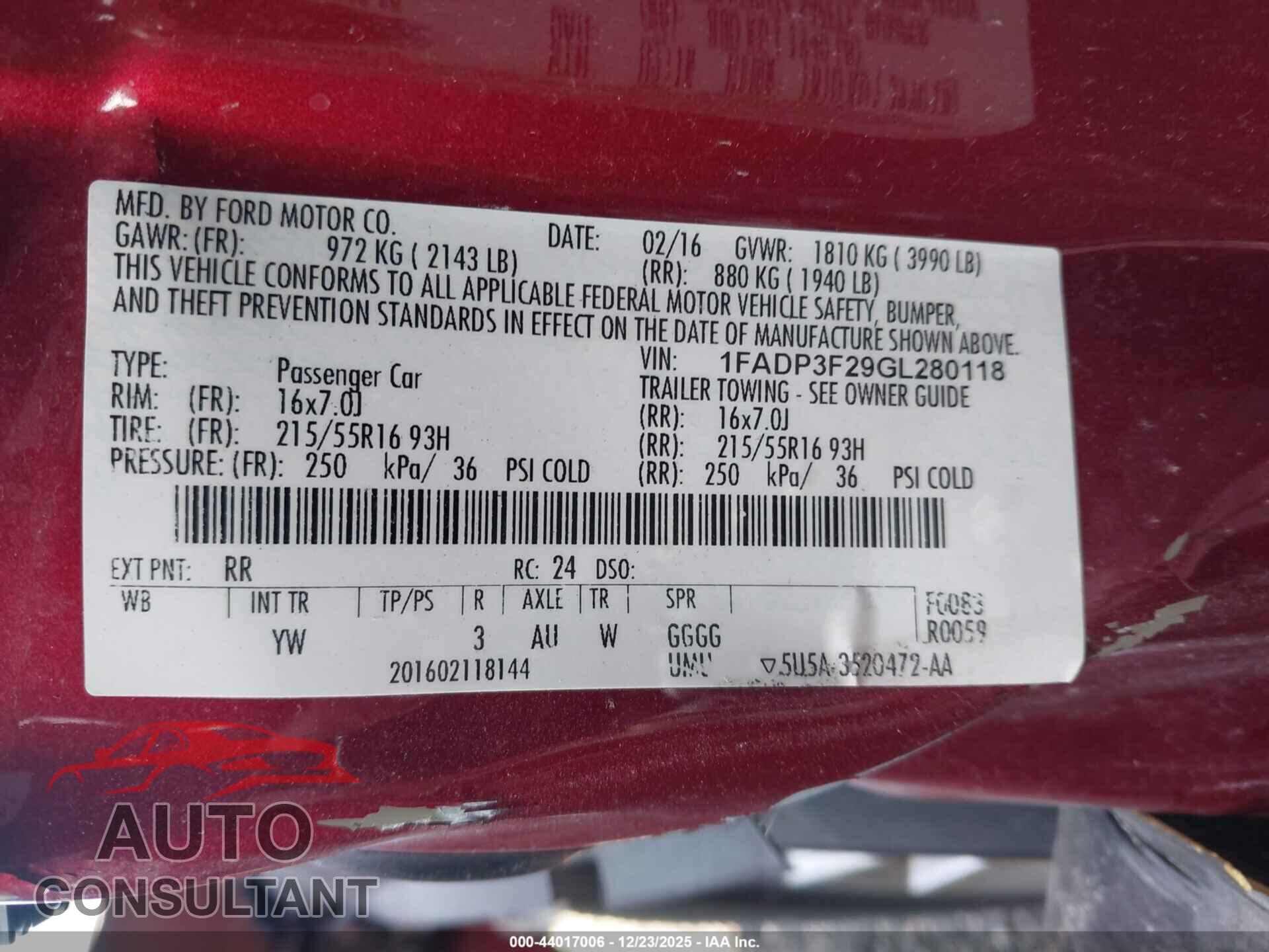 FORD FOCUS 2016 - 1FADP3F29GL280118