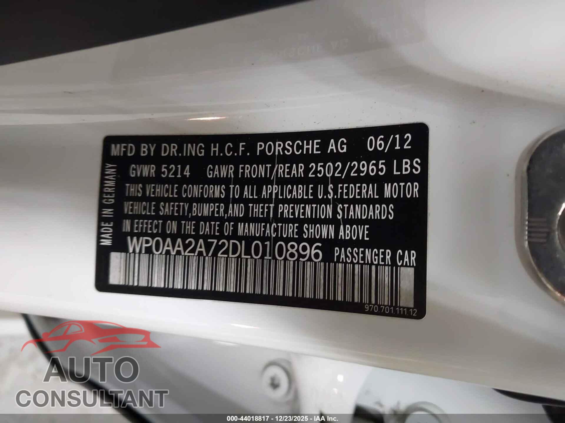 PORSCHE PANAMERA 2013 - WP0AA2A72DL010896