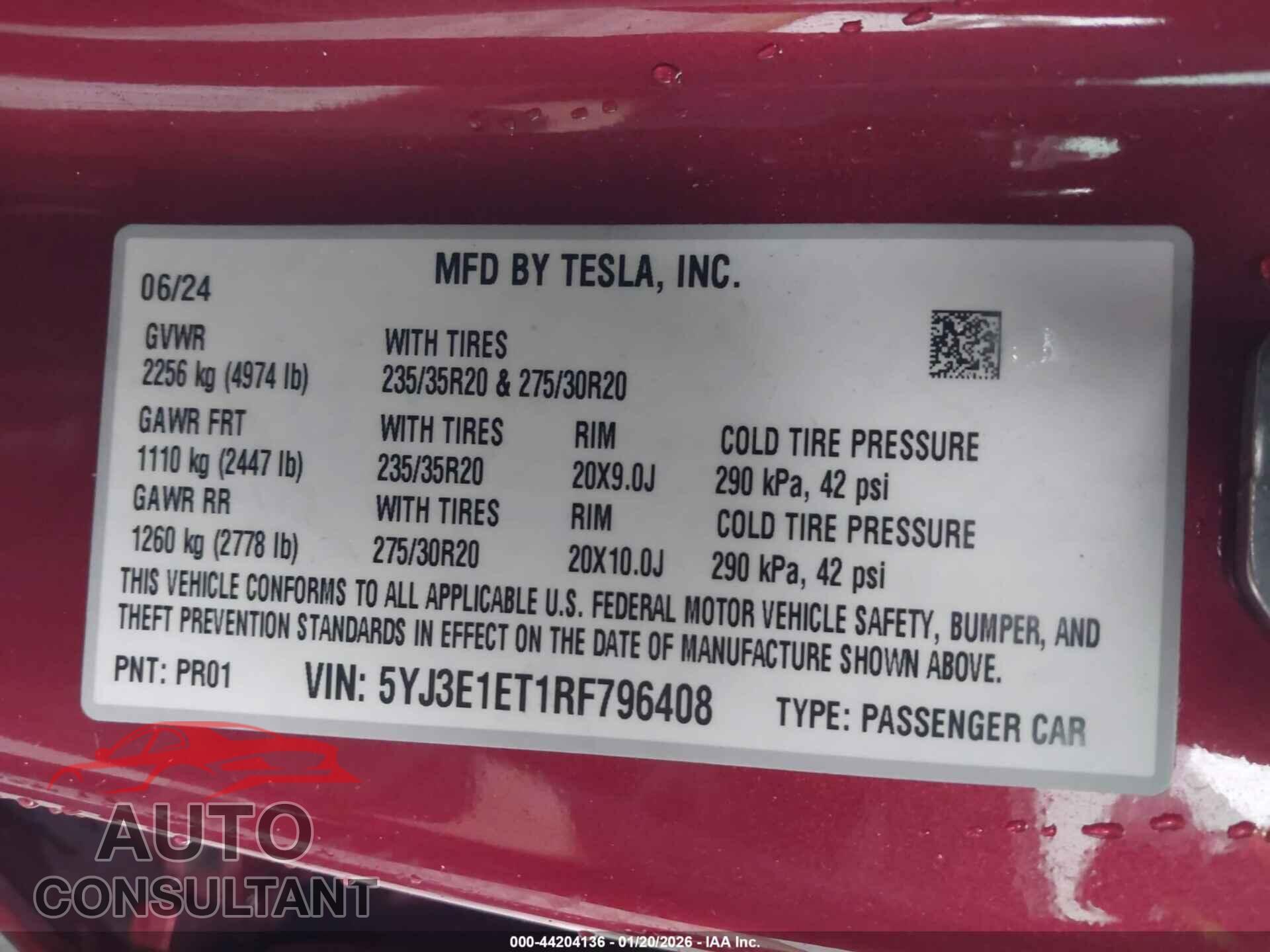 TESLA MODEL 3 2024 - 5YJ3E1ET1RF796408