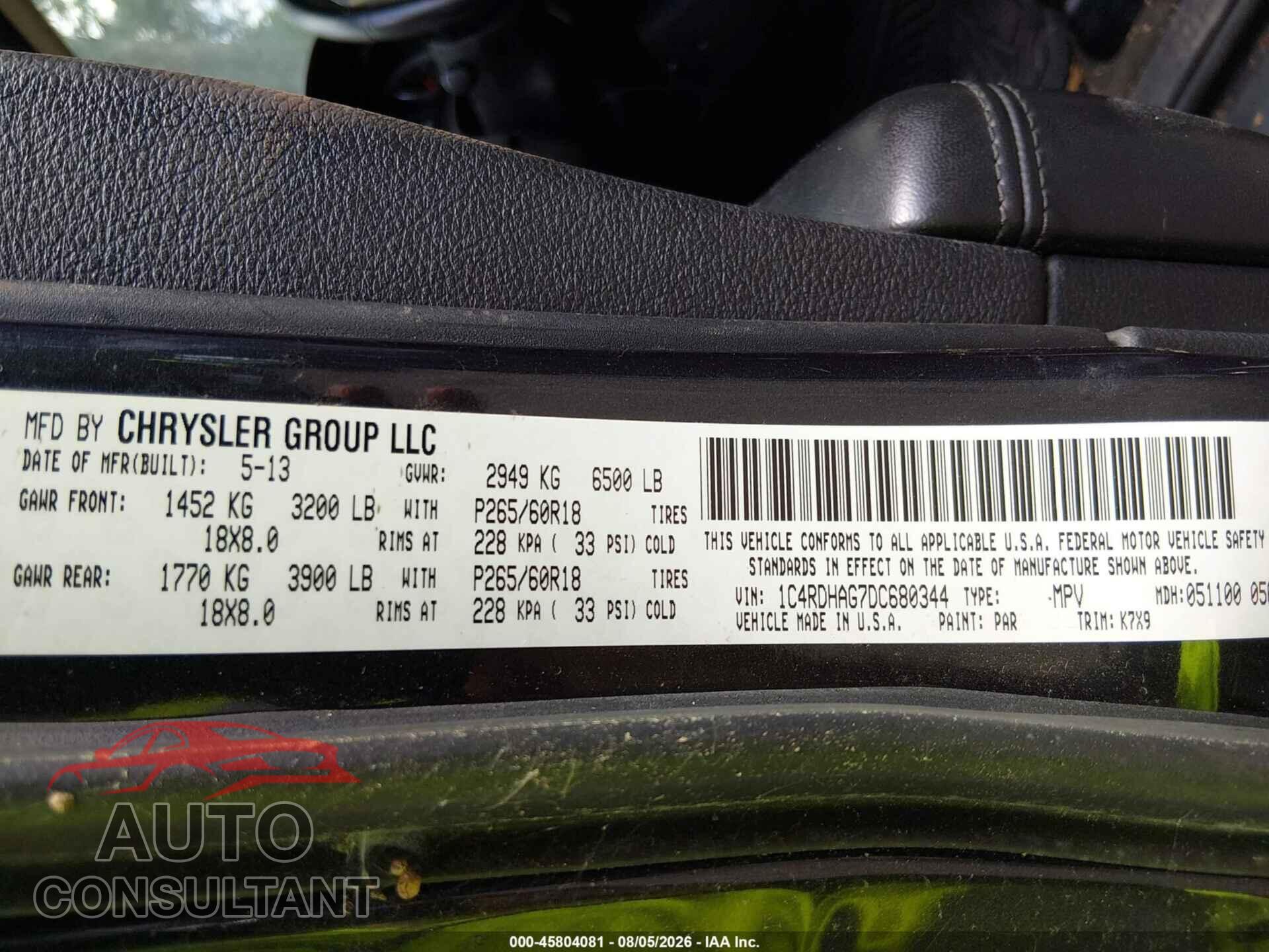 DODGE DURANGO 2013 - 1C4RDHAG7DC680344