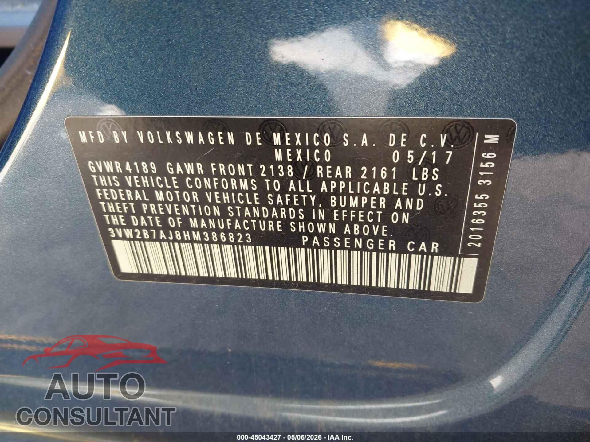 VOLKSWAGEN JETTA 2017 - 3VW2B7AJ8HM386823