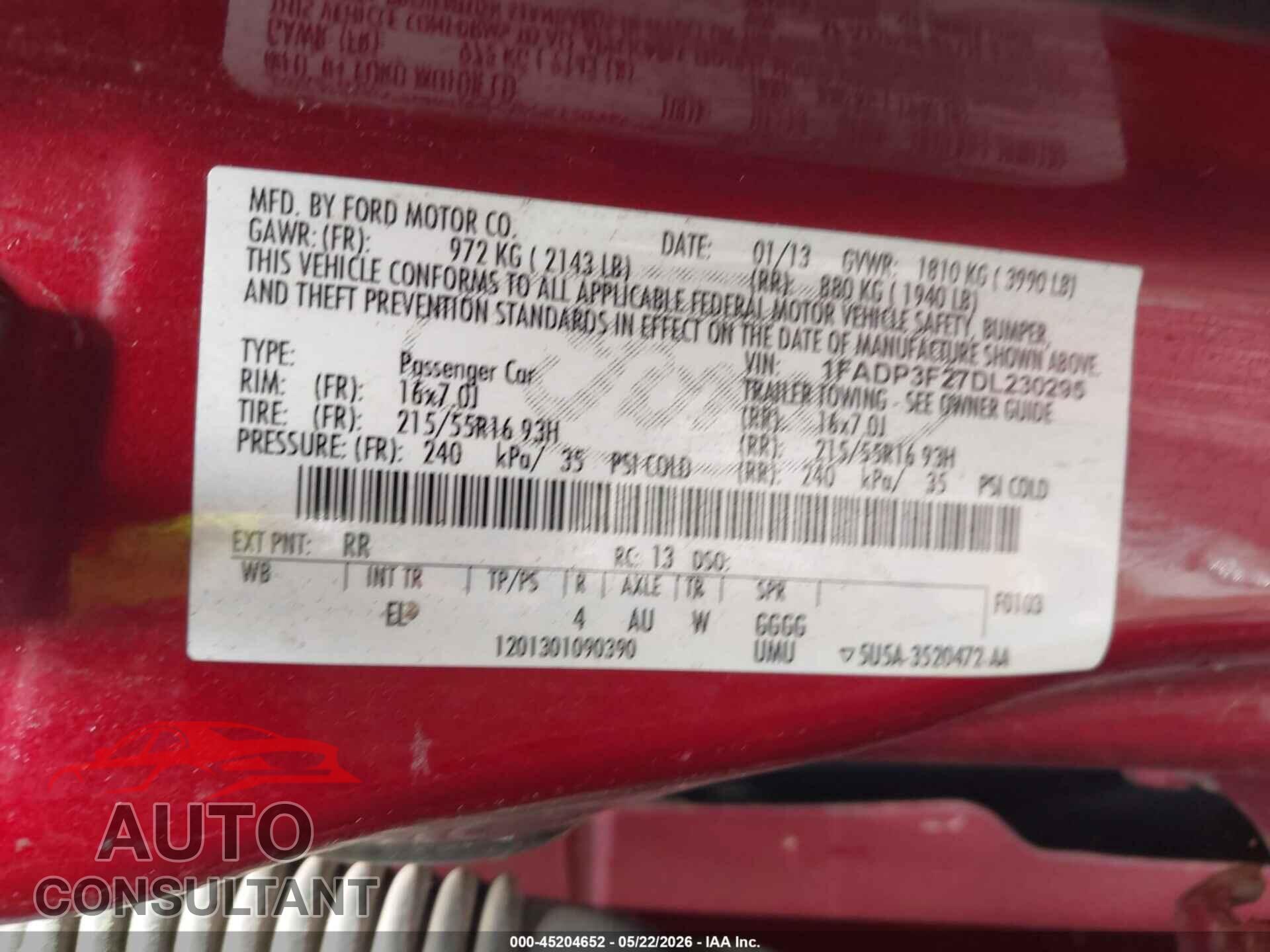 FORD FOCUS 2013 - 1FADP3F27DL230295