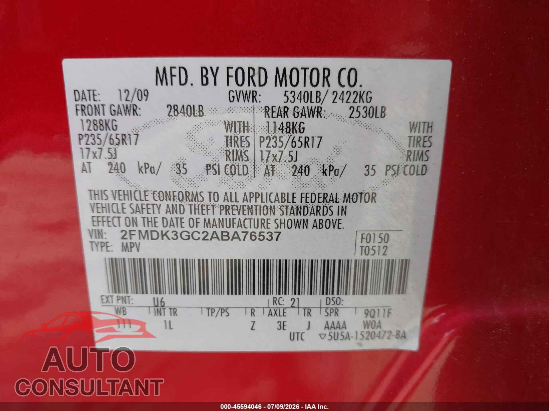 FORD EDGE 2010 - 2FMDK3GC2ABA76537