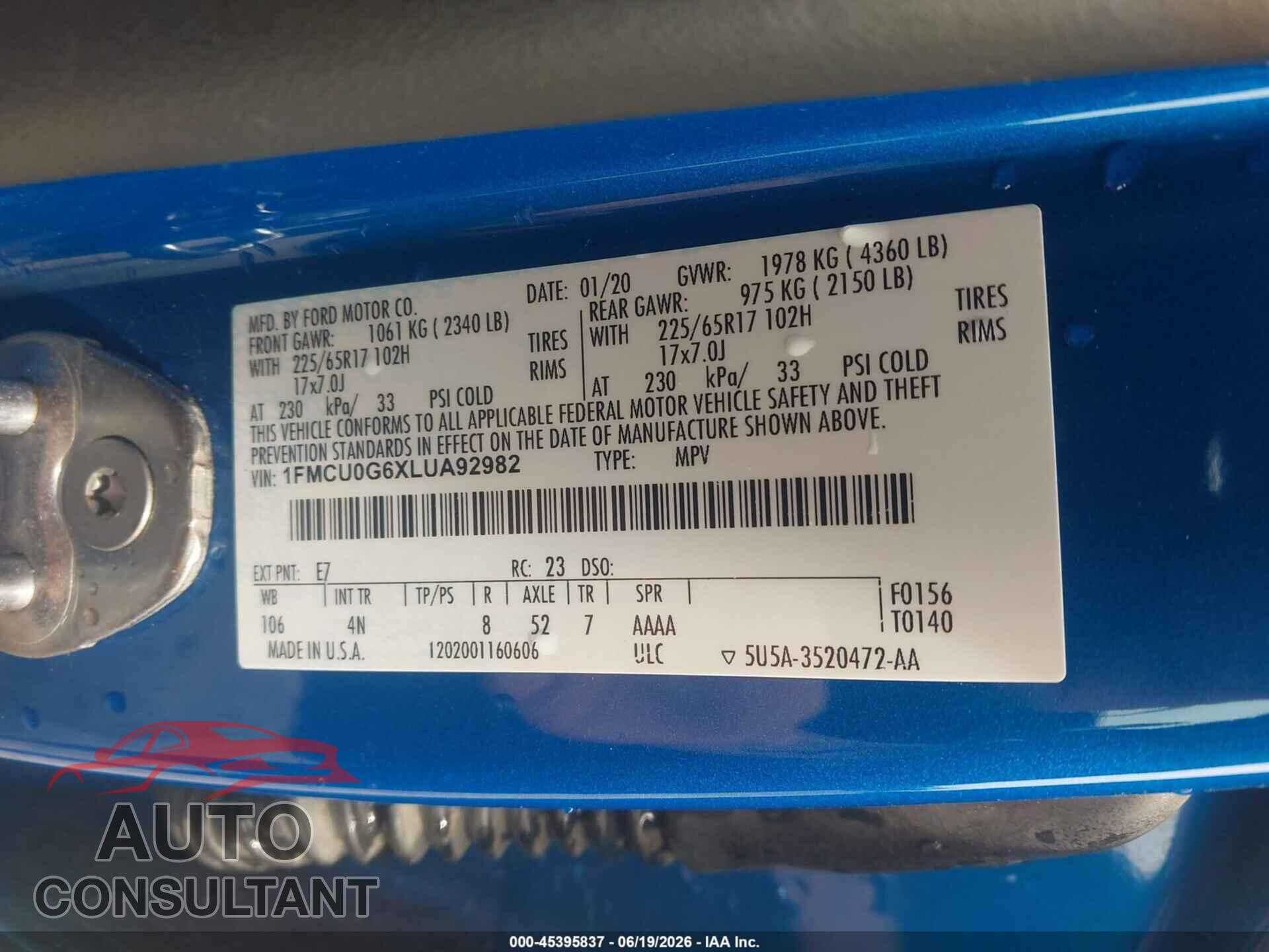 FORD ESCAPE 2020 - 1FMCU0G6XLUA92982