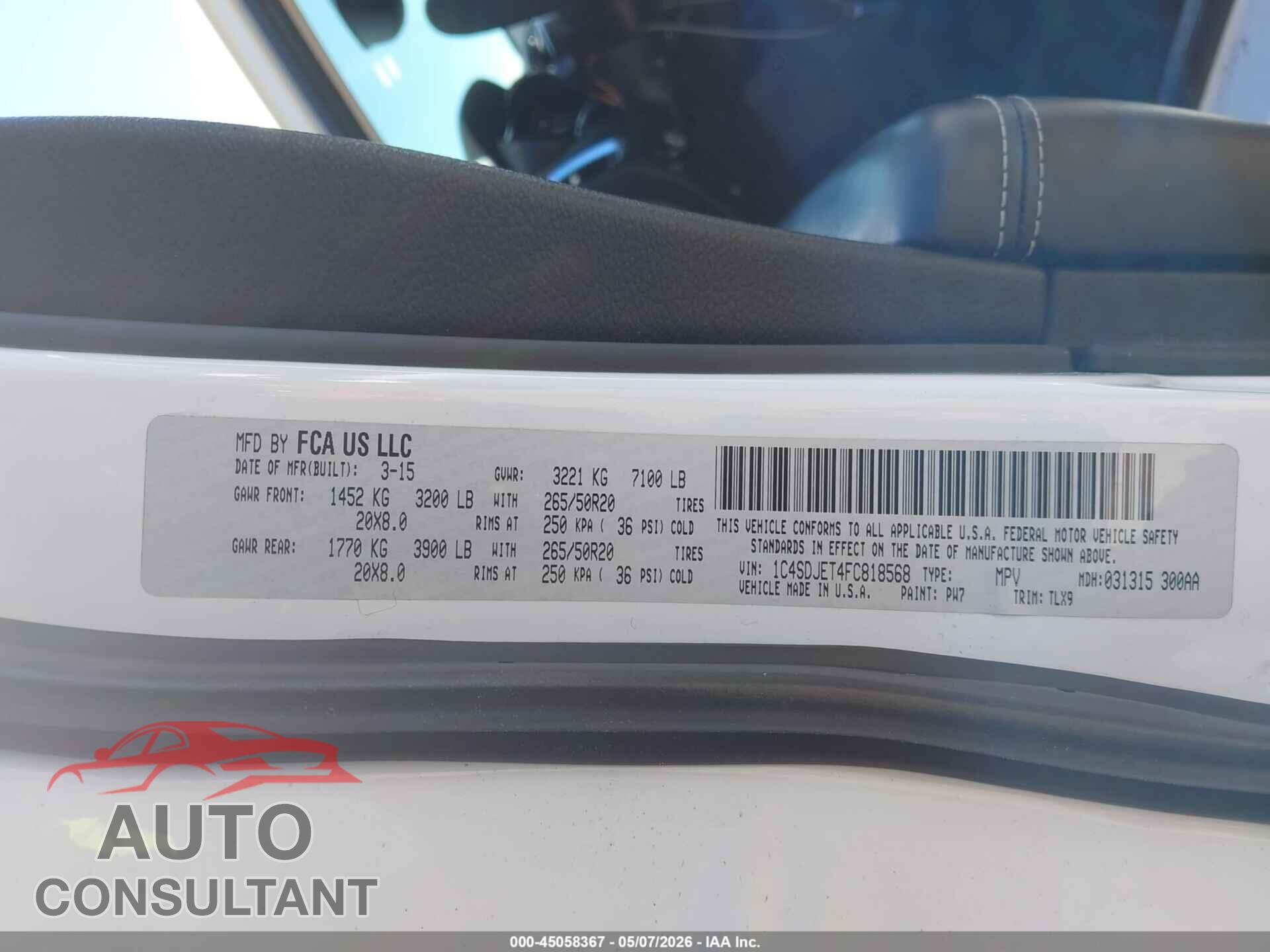 DODGE DURANGO 2015 - 1C4SDJET4FC818568