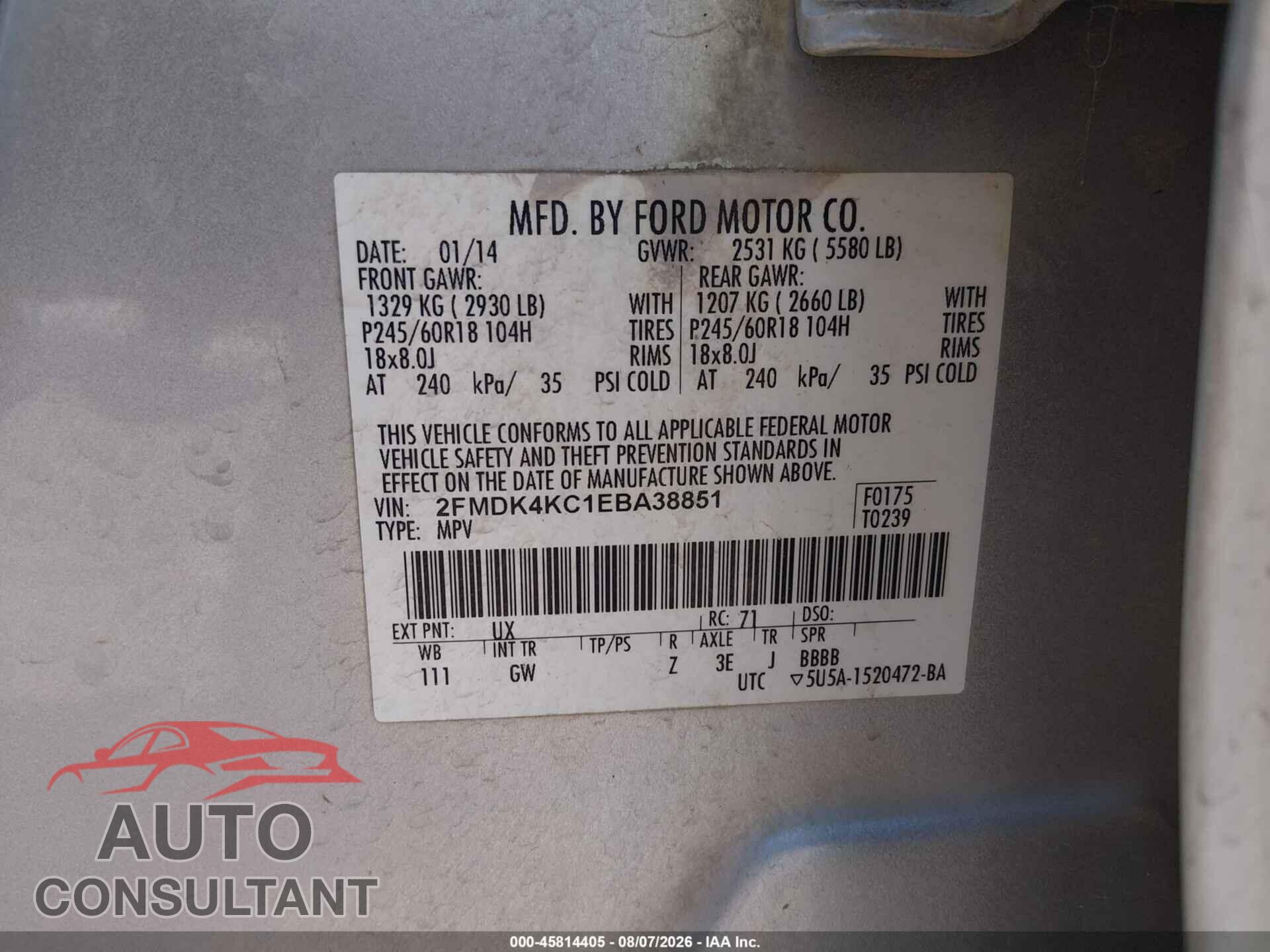 FORD EDGE 2014 - 2FMDK4KC1EBA38851