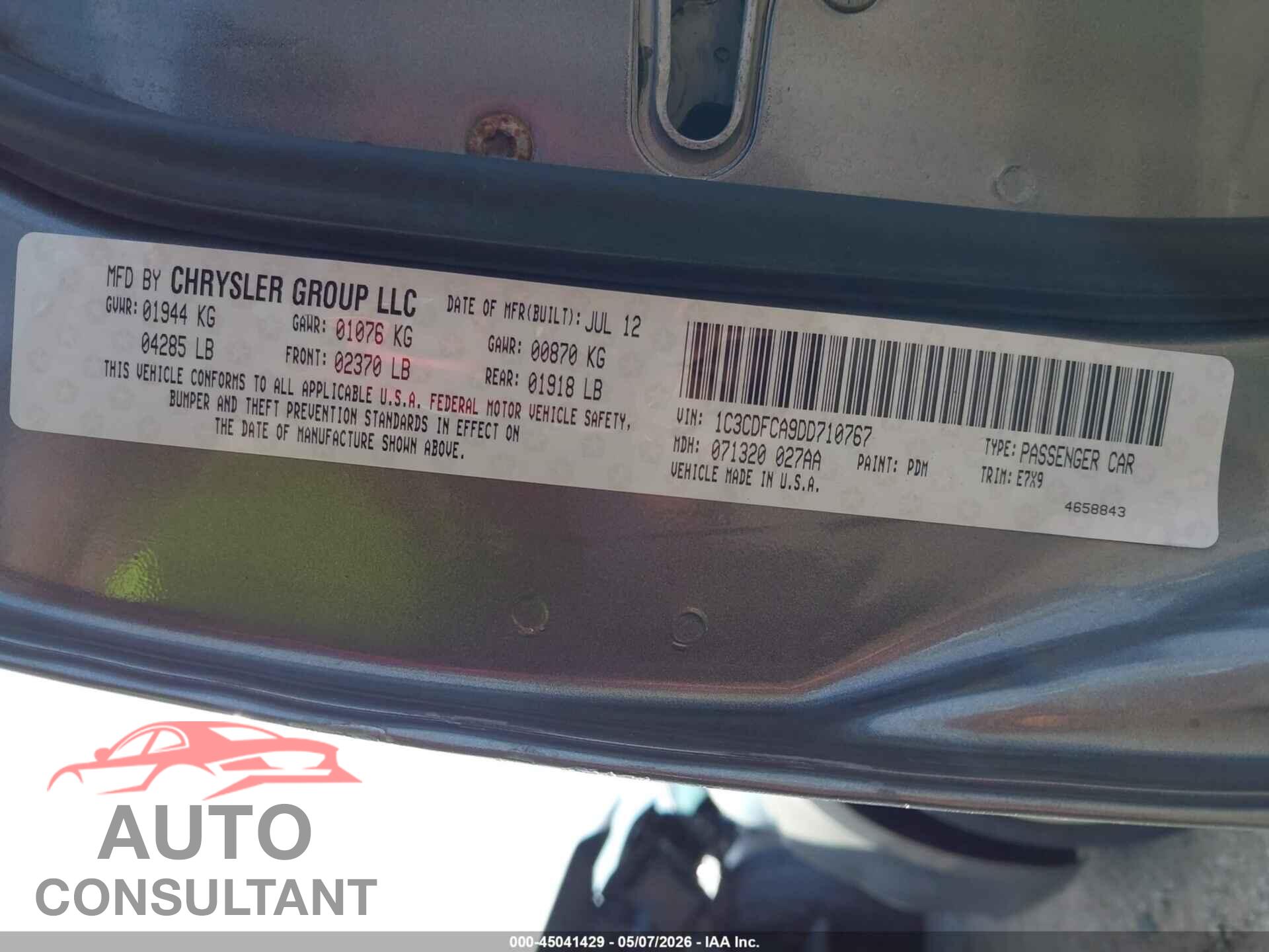 DODGE DART 2013 - 1C3CDFCA9DD710767