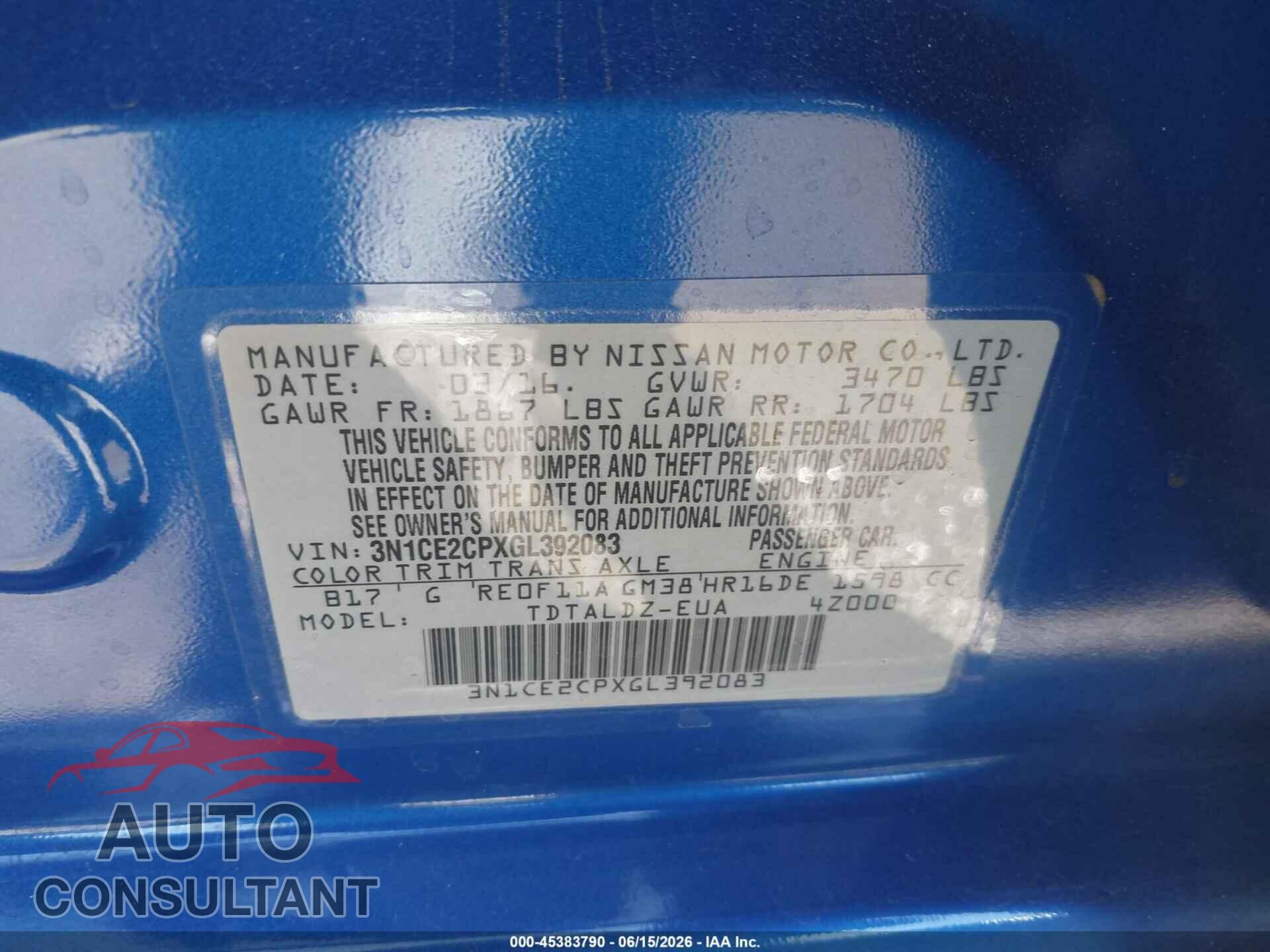 NISSAN VERSA NOTE 2016 - 3N1CE2CPXGL392083