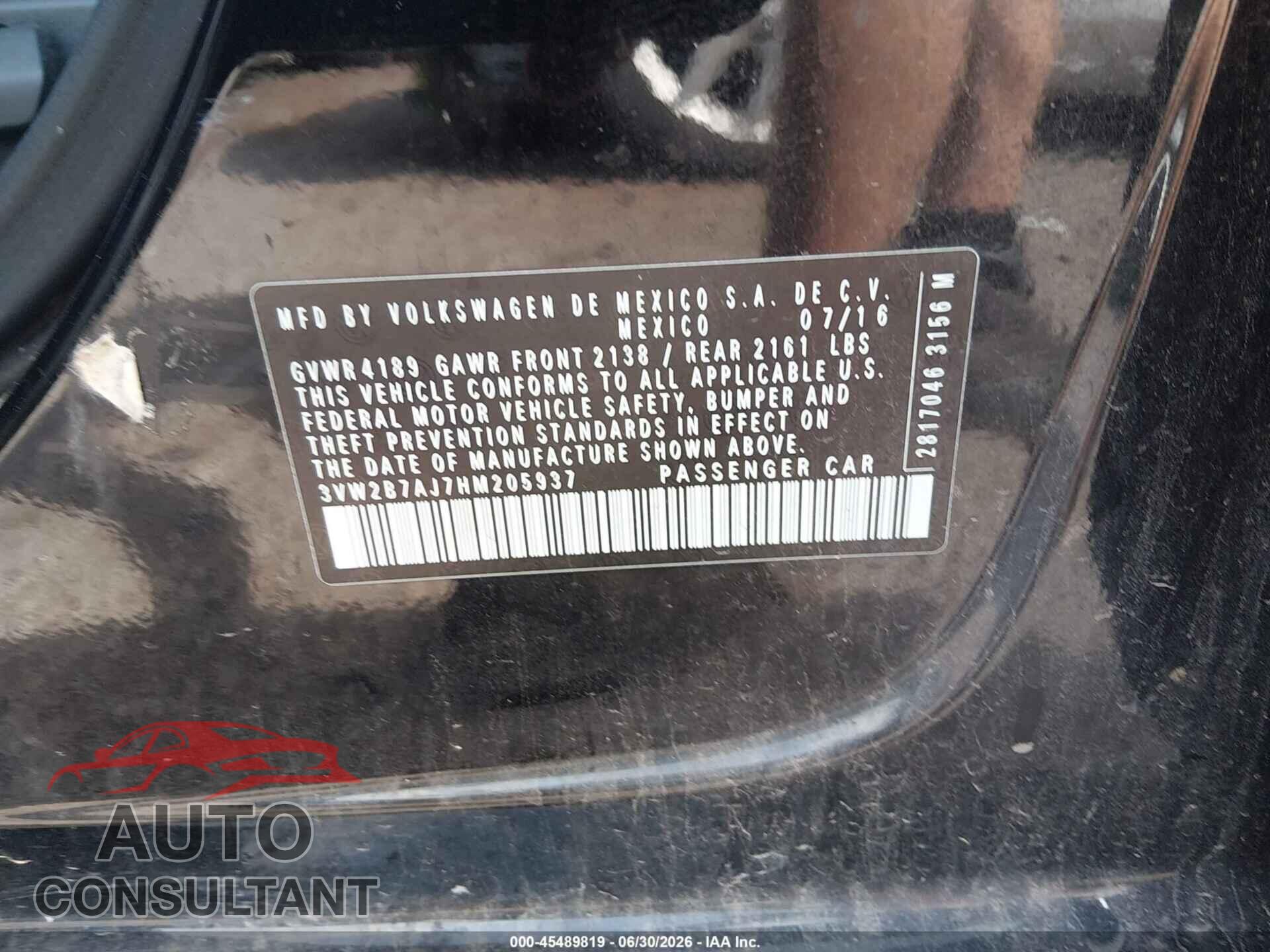 VOLKSWAGEN JETTA 2017 - 3VW2B7AJ7HM205937