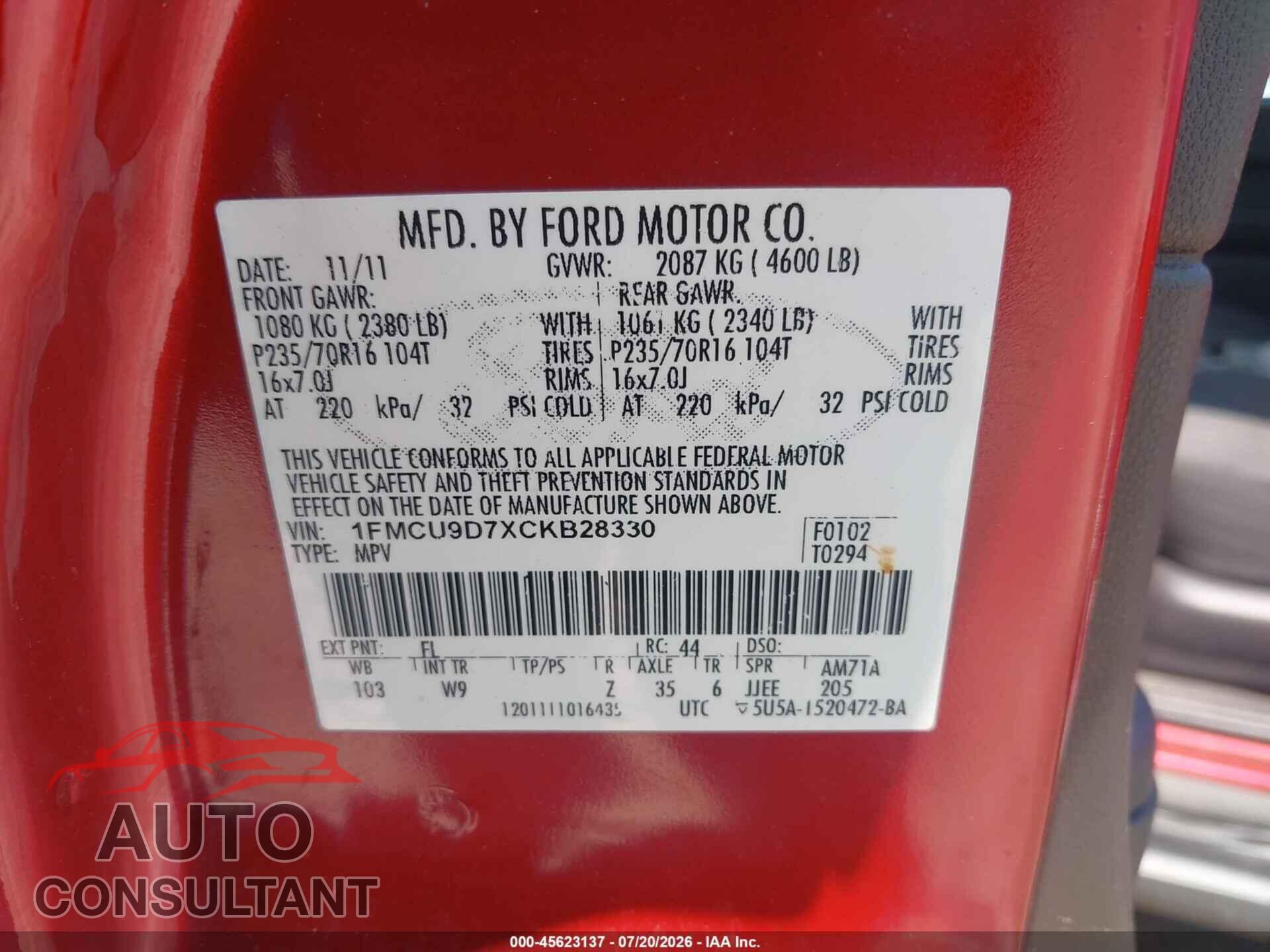 FORD ESCAPE 2012 - 1FMCU9D7XCKB28330