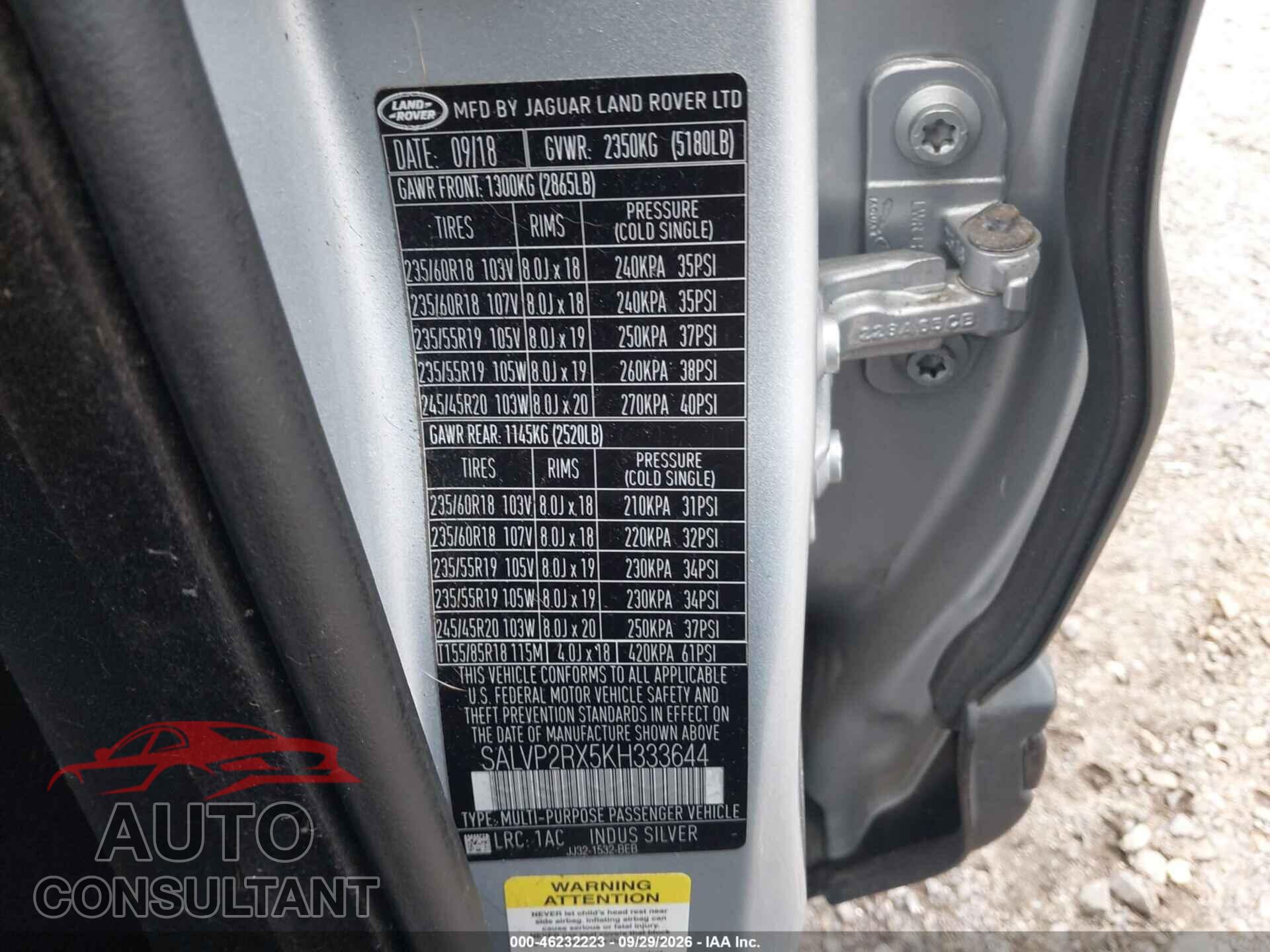LAND ROVER RANGE ROVER EVOQUE 2019 - SALVP2RX5KH333644
