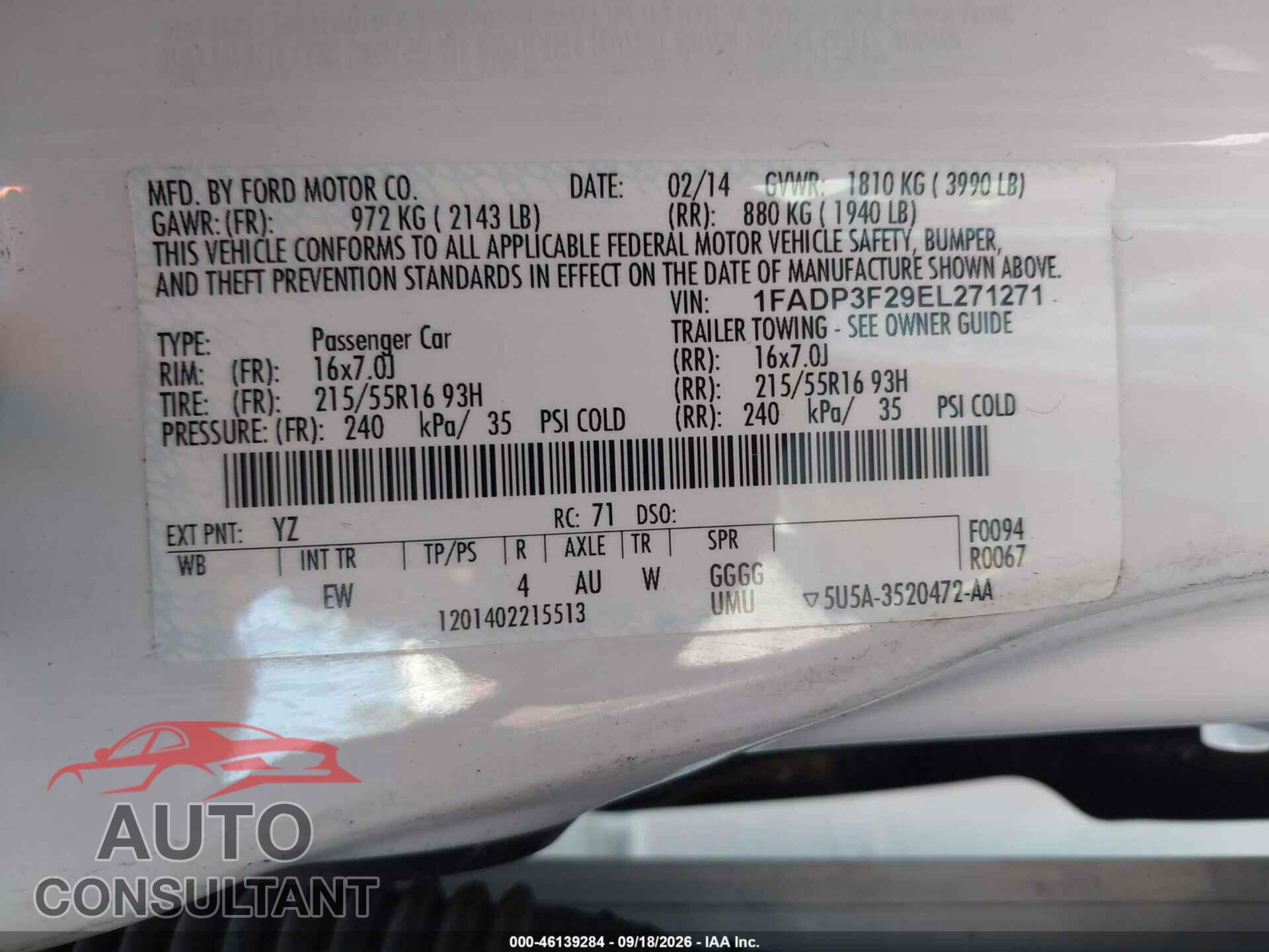 FORD FOCUS 2014 - 1FADP3F29EL271271