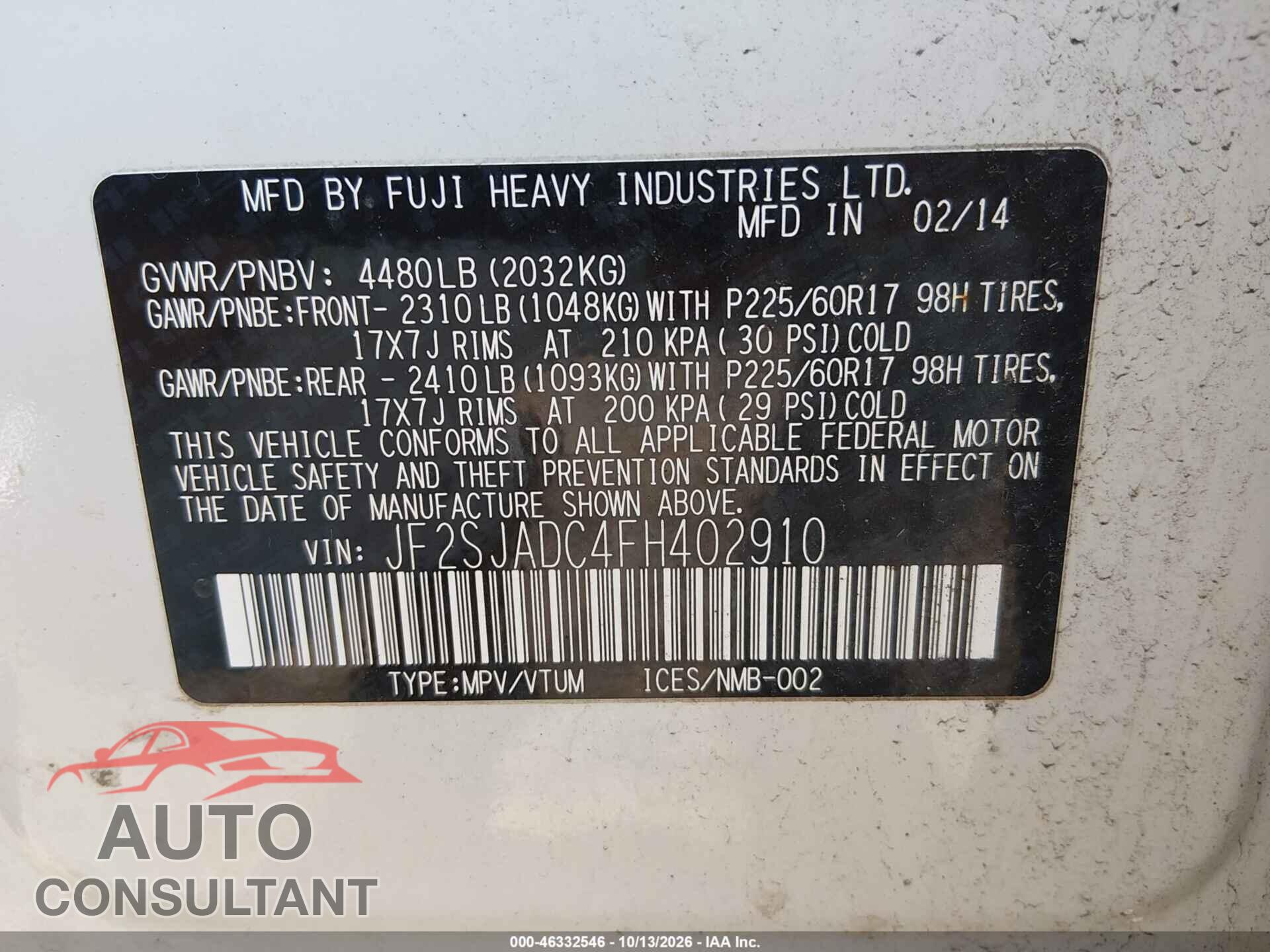 SUBARU FORESTER 2015 - JF2SJADC4FH402910
