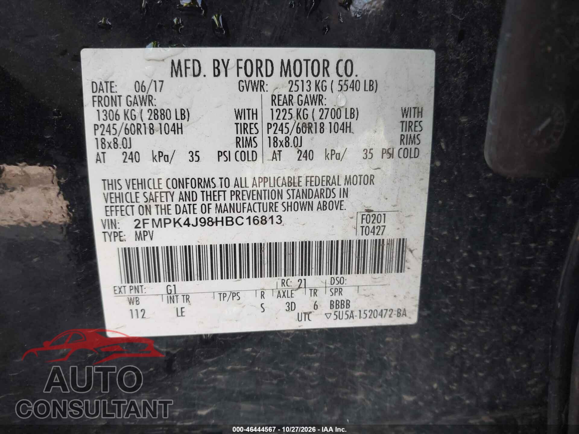 FORD EDGE 2017 - 2FMPK4J98HBC16813