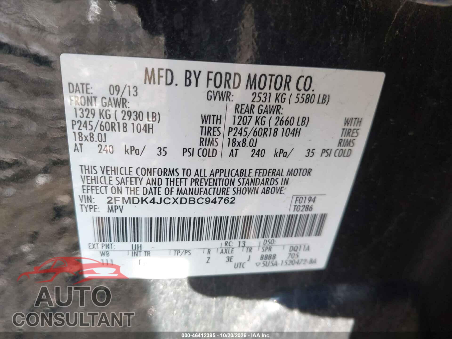 FORD EDGE 2013 - 2FMDK4JCXDBC94762