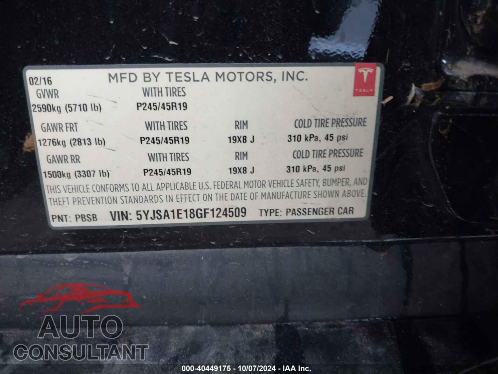 TESLA MODEL S 2016 - 5YJSA1E18GF124509