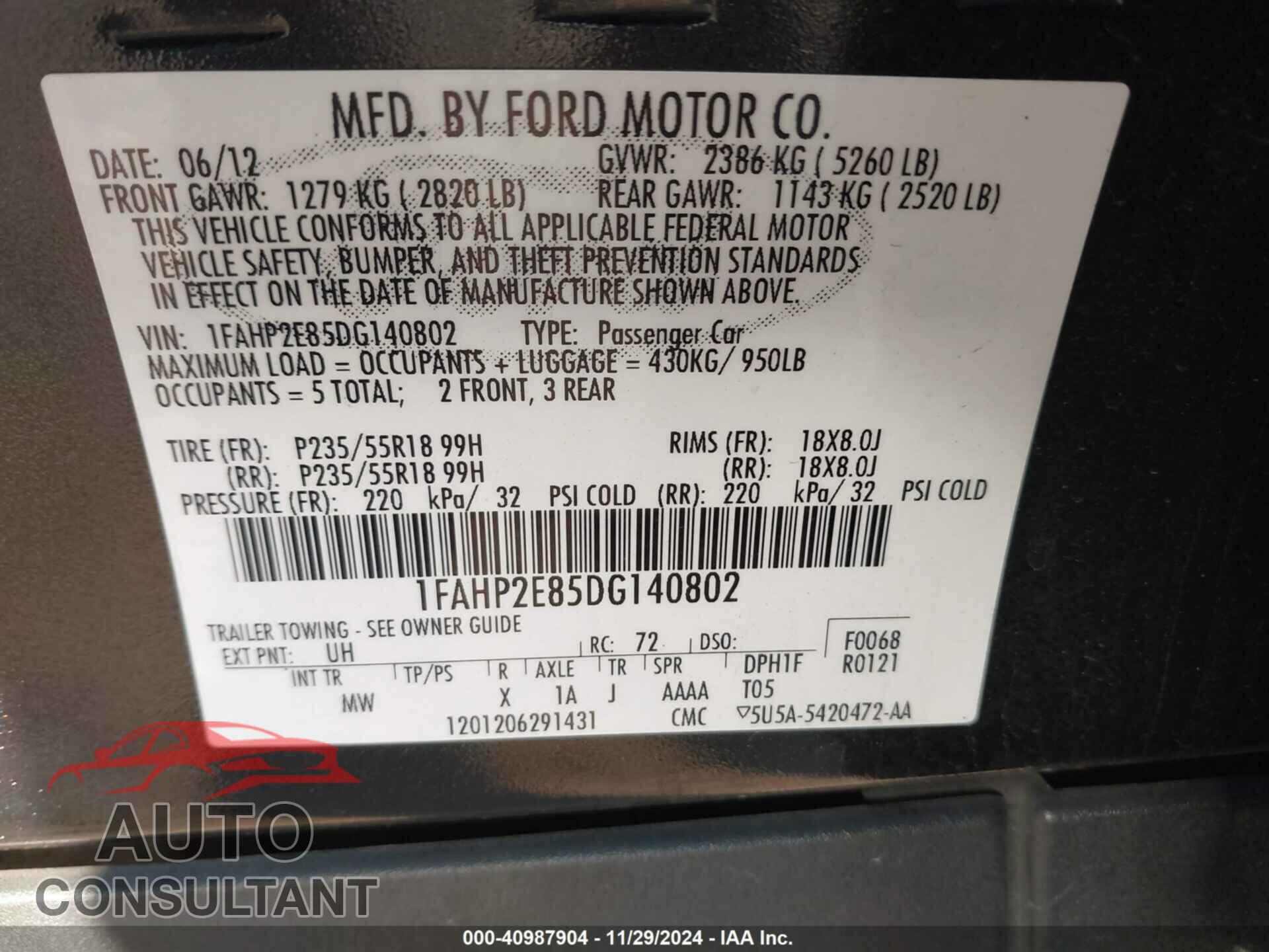 FORD TAURUS 2013 - 1FAHP2E85DG140802
