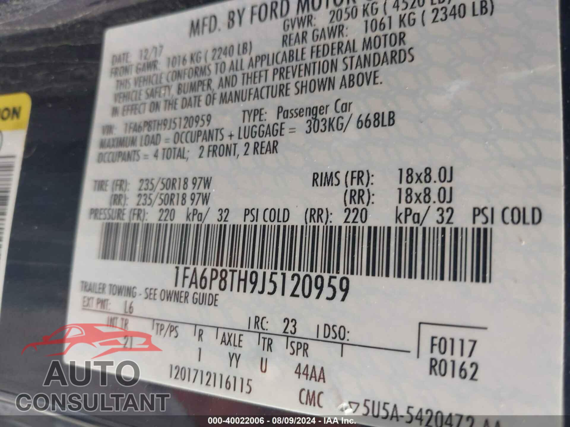 FORD MUSTANG 2018 - 1FA6P8TH9J5120959