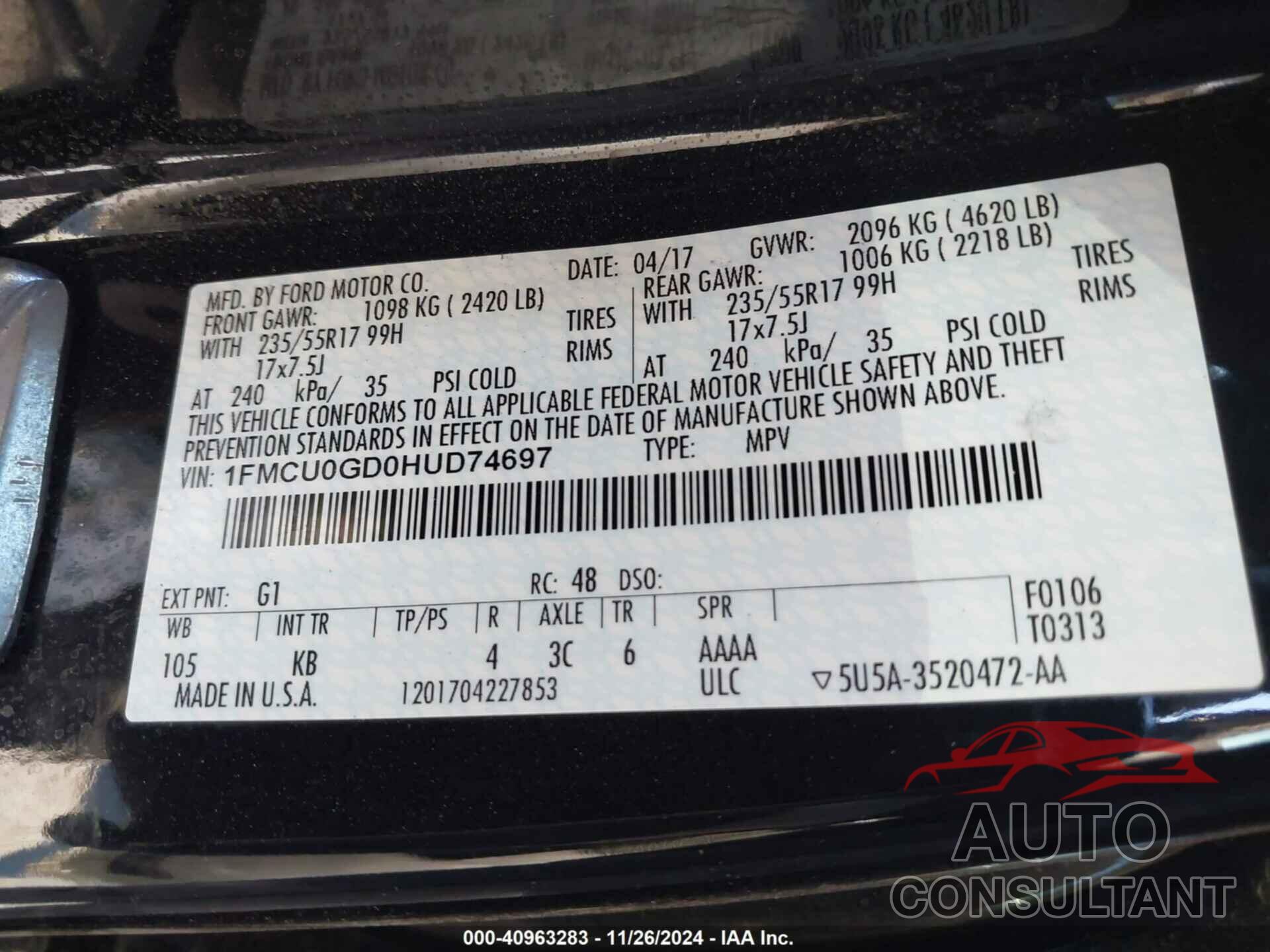 FORD ESCAPE 2017 - 1FMCU0GD0HUD74697