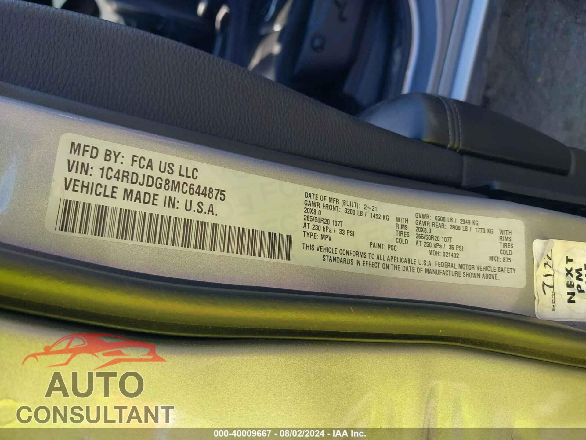 DODGE DURANGO 2021 - 1C4RDJDG8MC644875