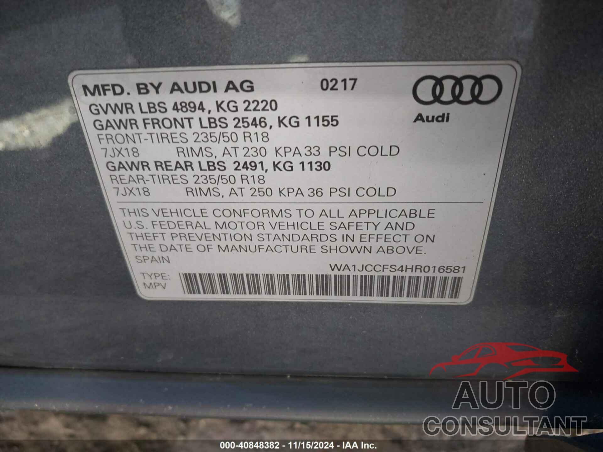 AUDI Q3 2017 - WA1JCCFS4HR016581