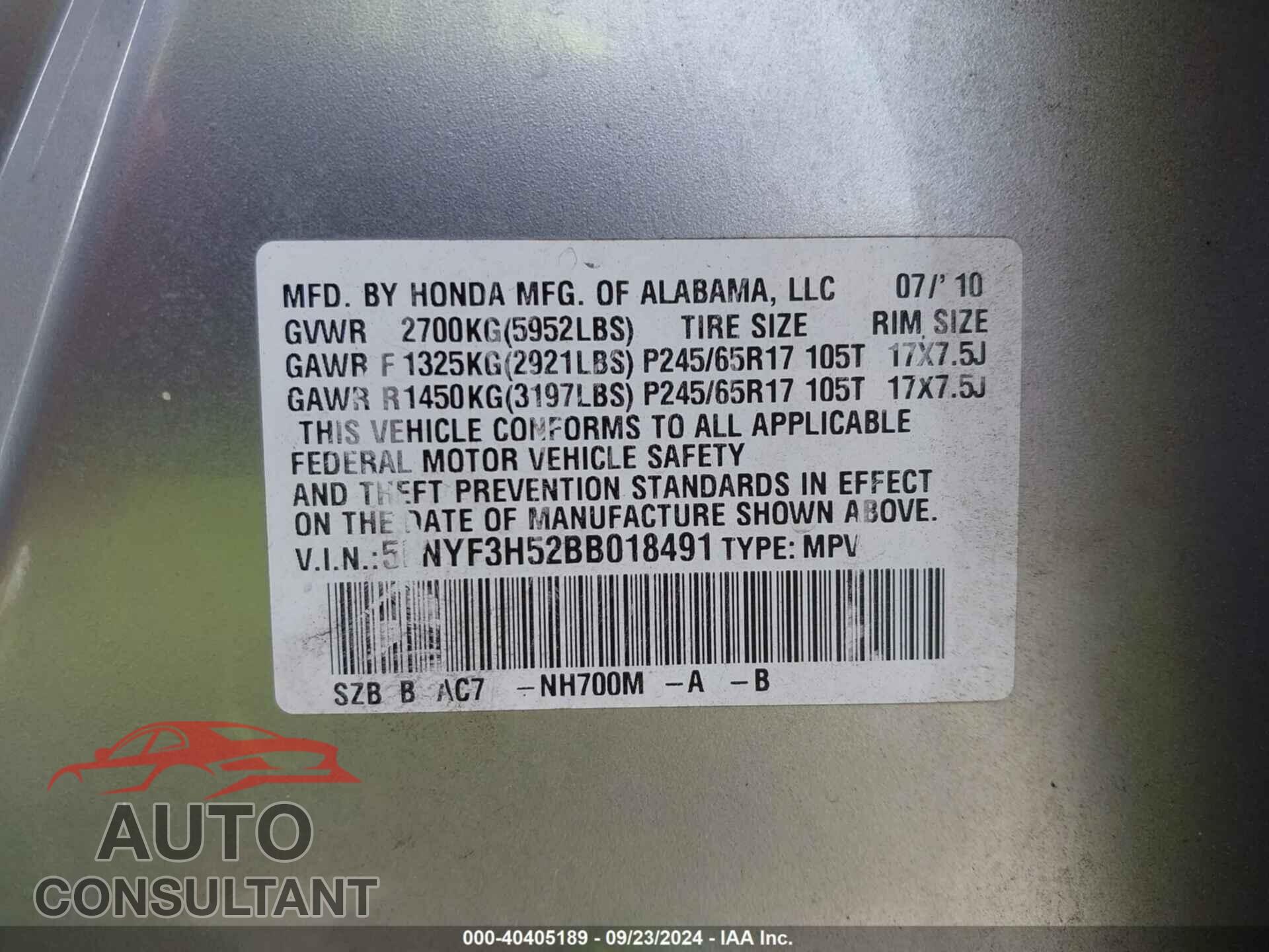 HONDA PILOT 2011 - 5FNYF3H52BB018491