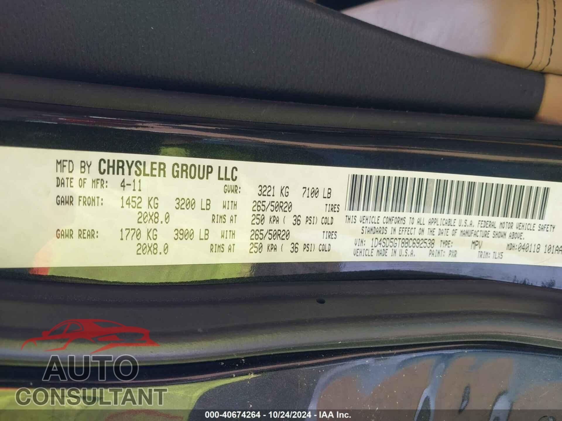 DODGE DURANGO 2011 - 1D4SD5GT8BC692538