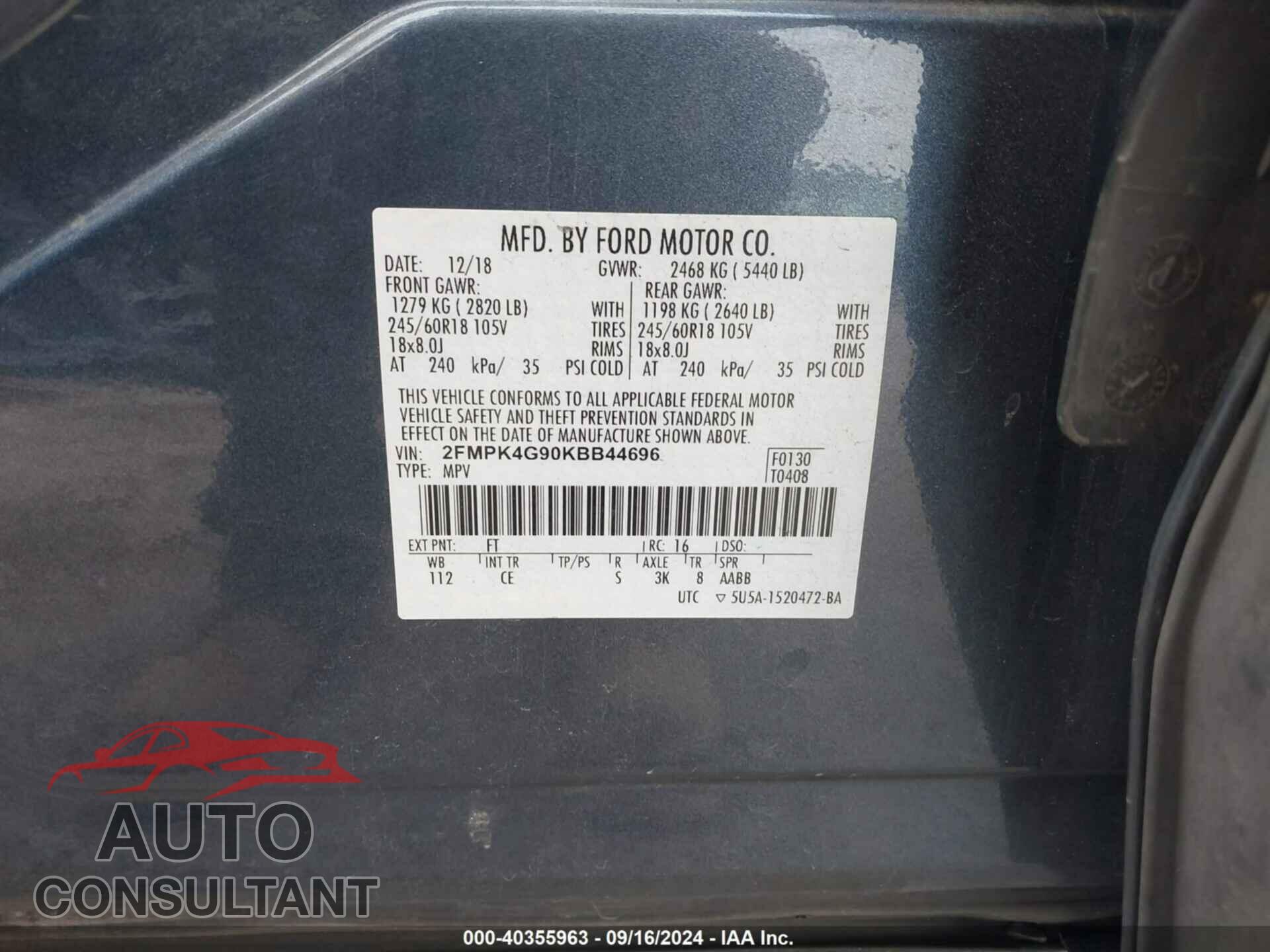 FORD EDGE 2019 - 2FMPK4G90KBB44696