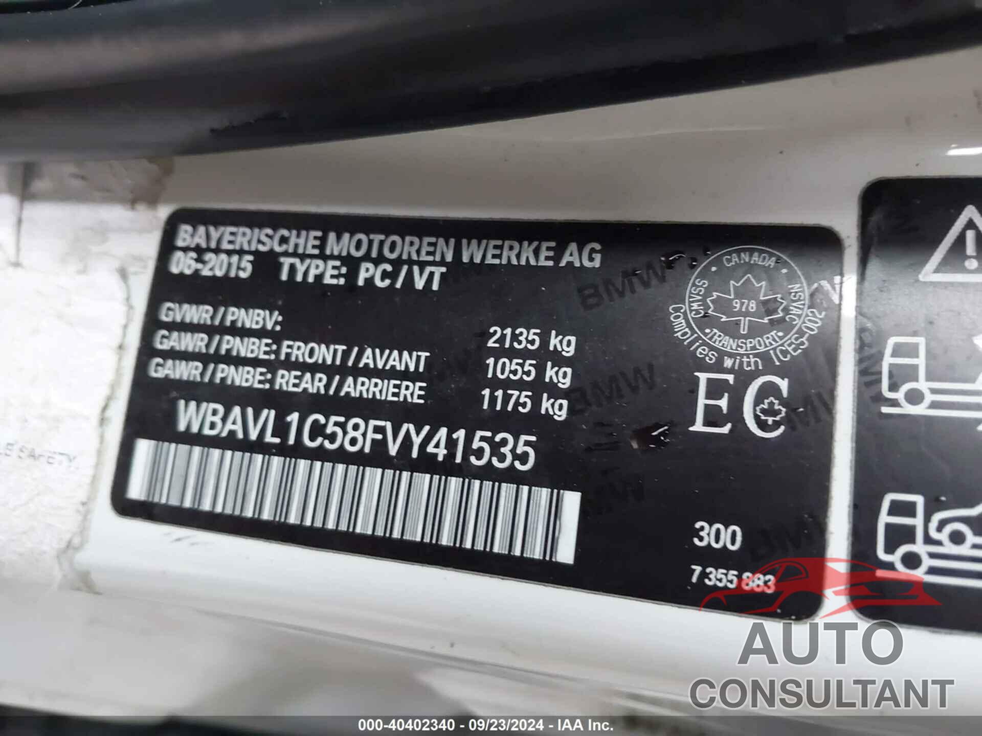 BMW X1 2015 - WBAVL1C58FVY41535