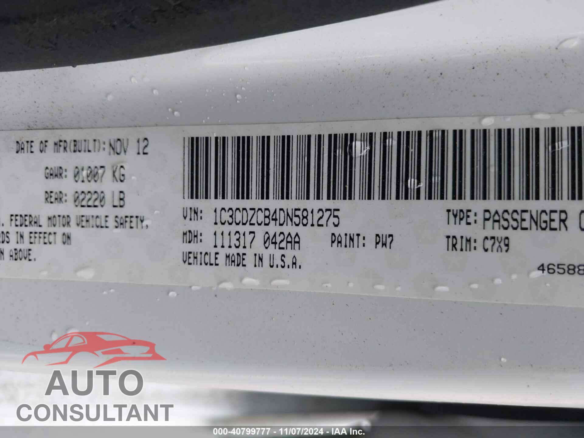 DODGE AVENGER 2013 - 1C3CDZCB4DN581275