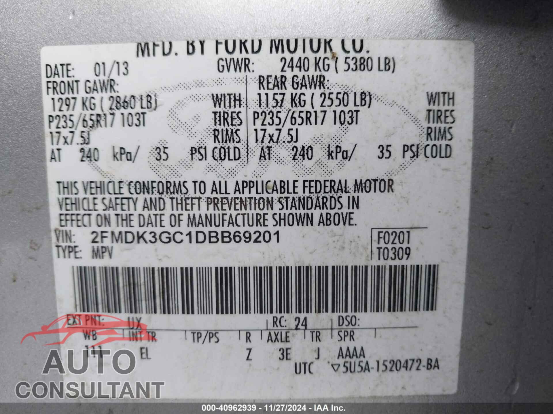 FORD EDGE 2013 - 2FMDK3GC1DBB69201