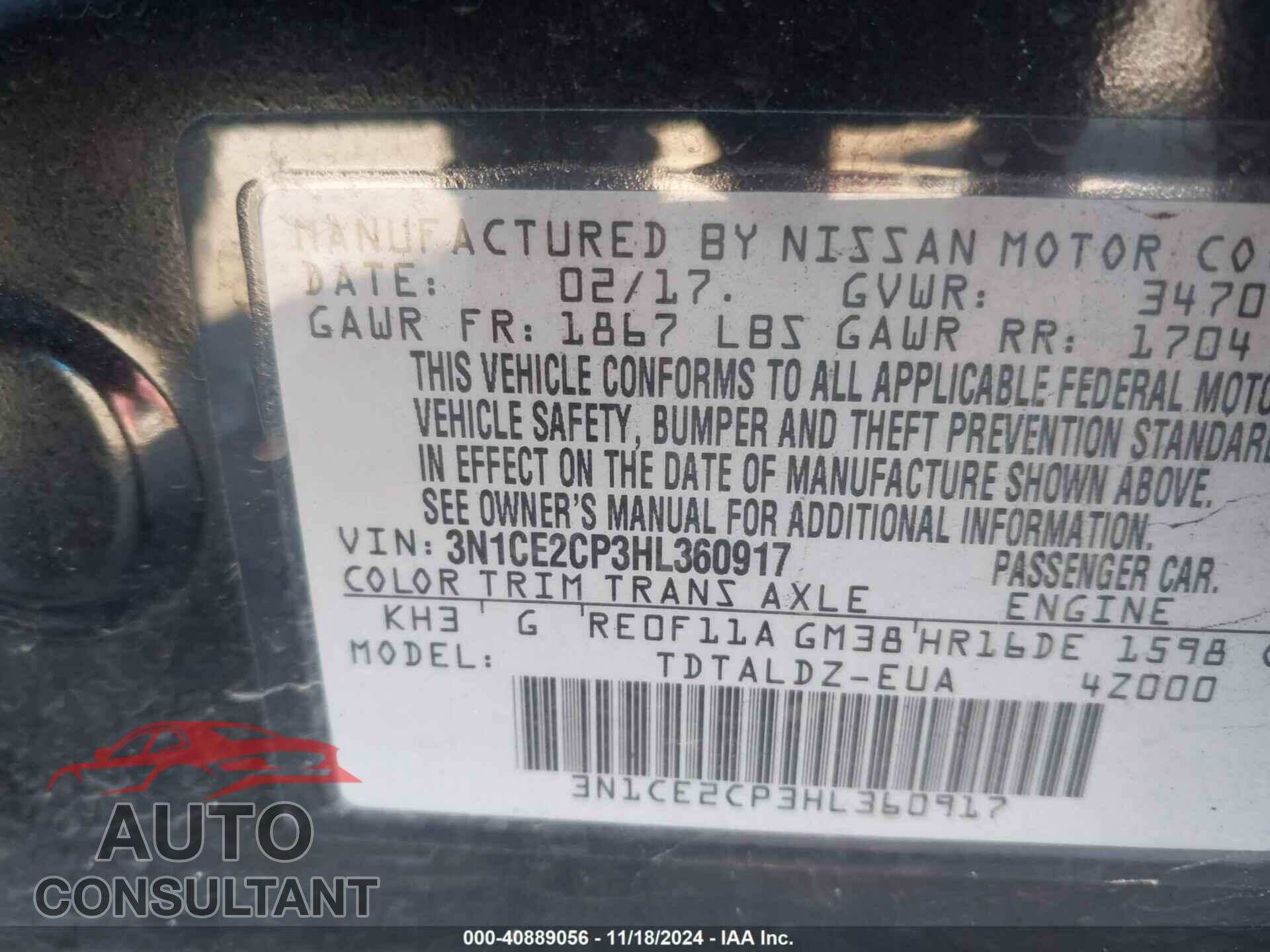 NISSAN VERSA NOTE 2017 - 3N1CE2CP3HL360917