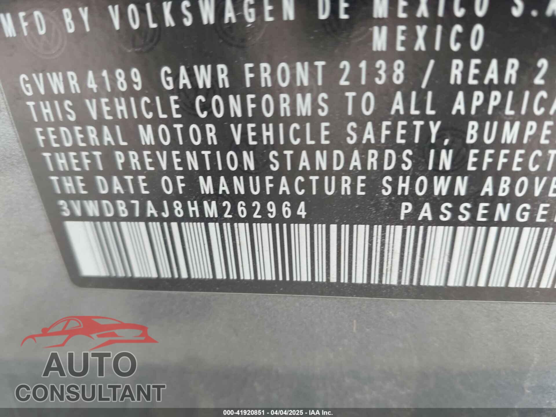 VOLKSWAGEN JETTA 2017 - 3VWDB7AJ8HM262964