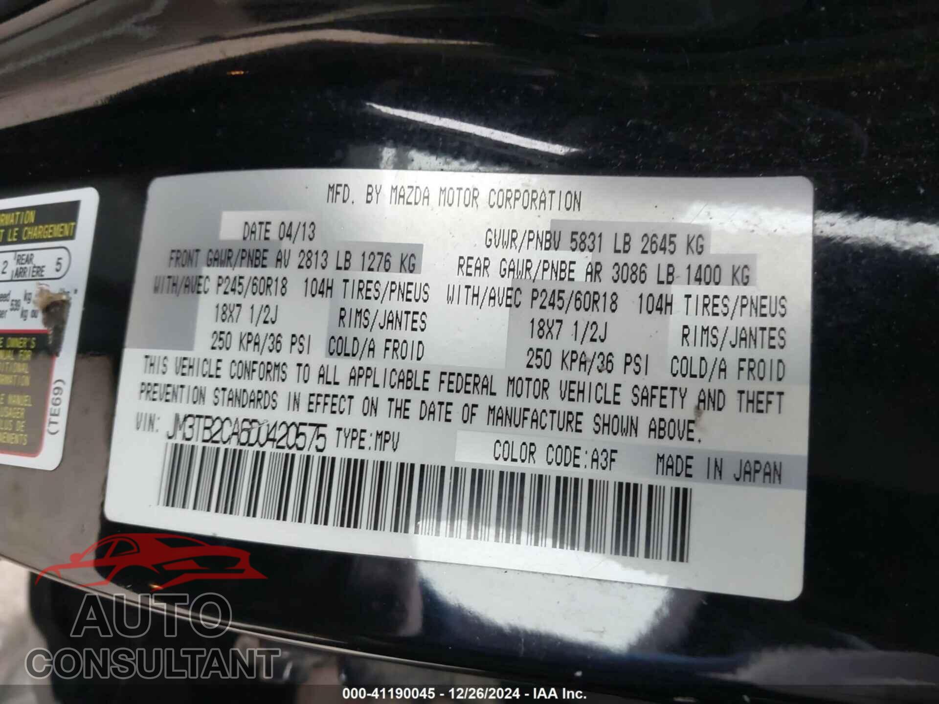 MAZDA CX-9 2013 - JM3TB2CA6D0420575