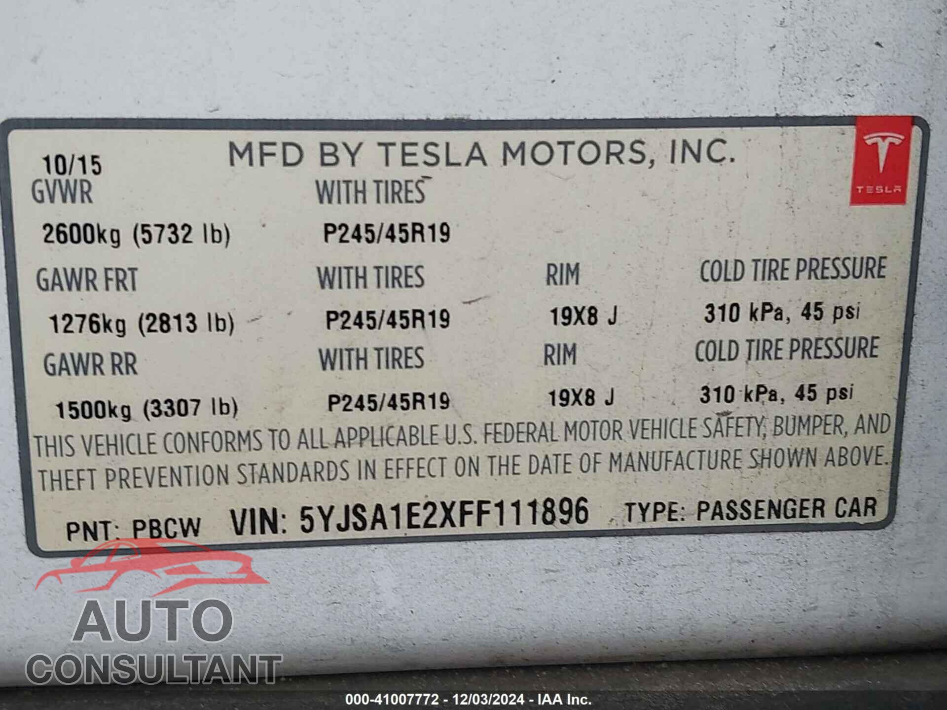 TESLA MODEL S 2015 - 5YJSA1E2XFF111896