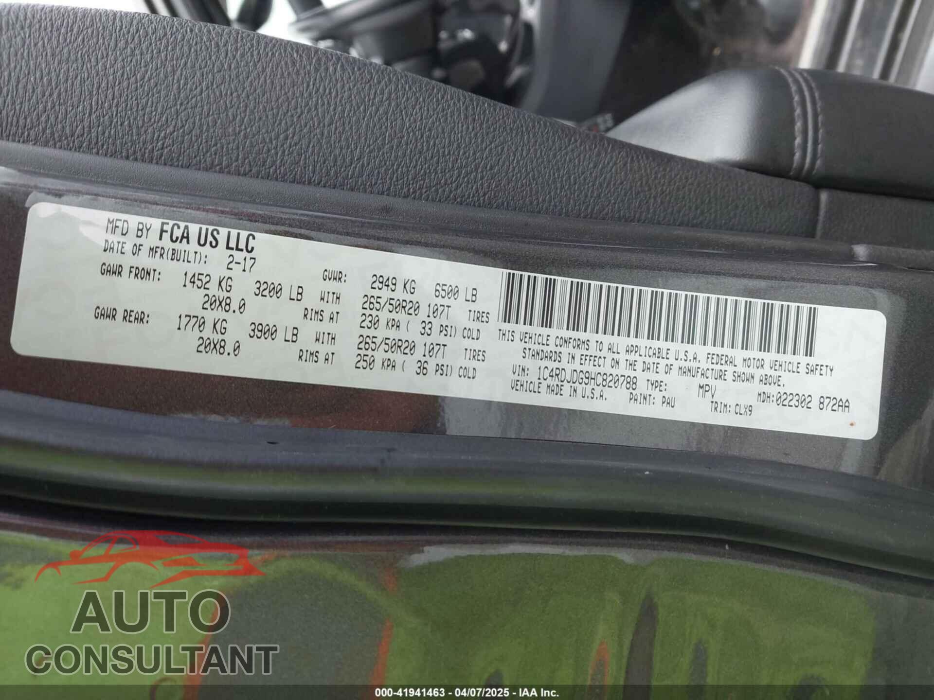 DODGE DURANGO 2017 - 1C4RDJDG9HC820788
