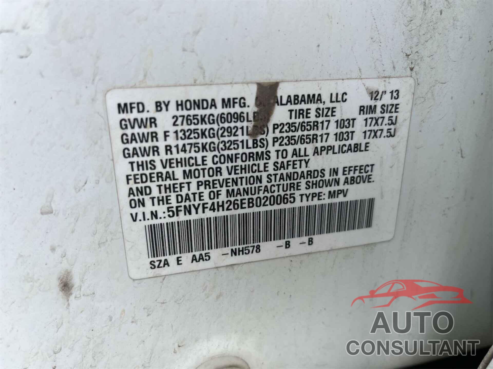 HONDA PILOT 2014 - 5FNYF4H26EB020065