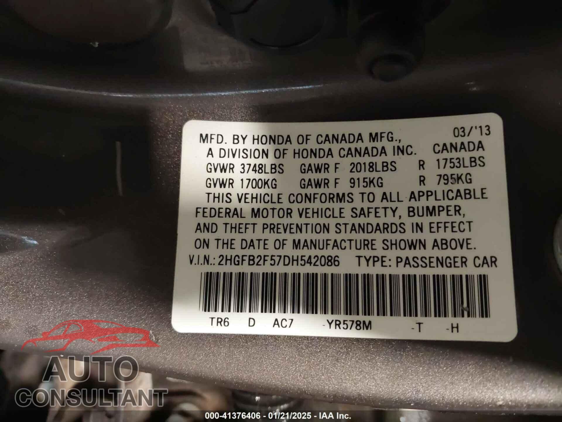 HONDA CIVIC 2013 - 2HGFB2F57DH542086