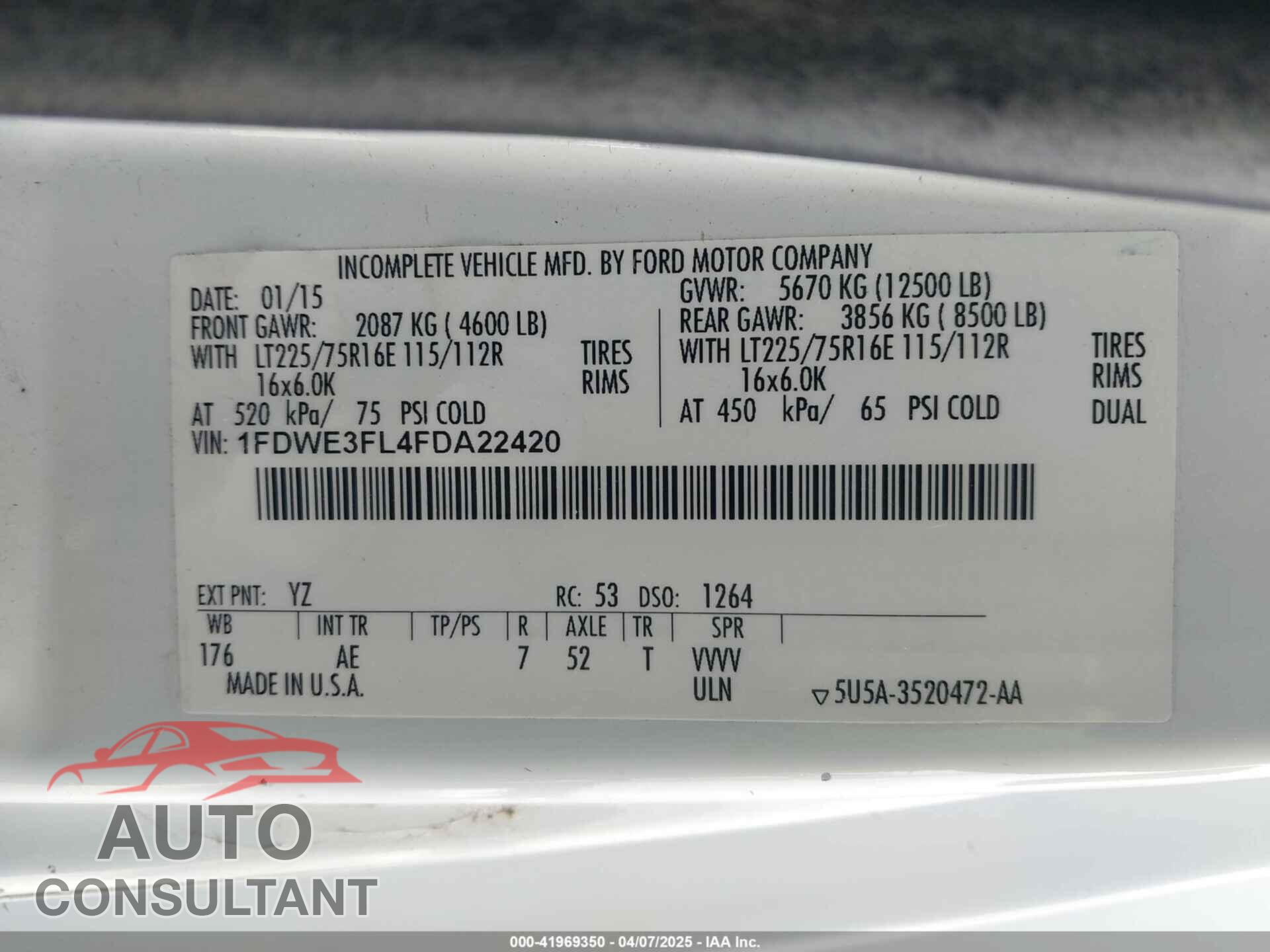FORD E-350 CUTAWAY 2015 - 1FDWE3FL4FDA22420