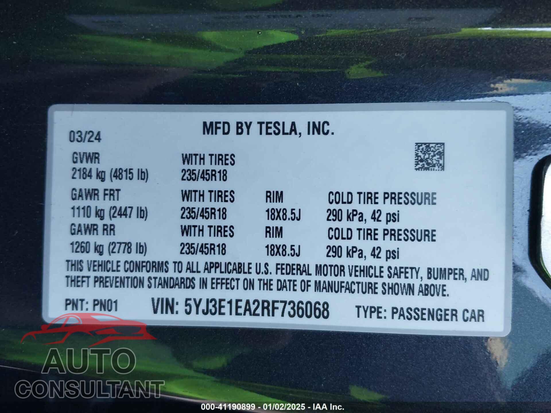 TESLA MODEL 3 2024 - 5YJ3E1EA2RF736068
