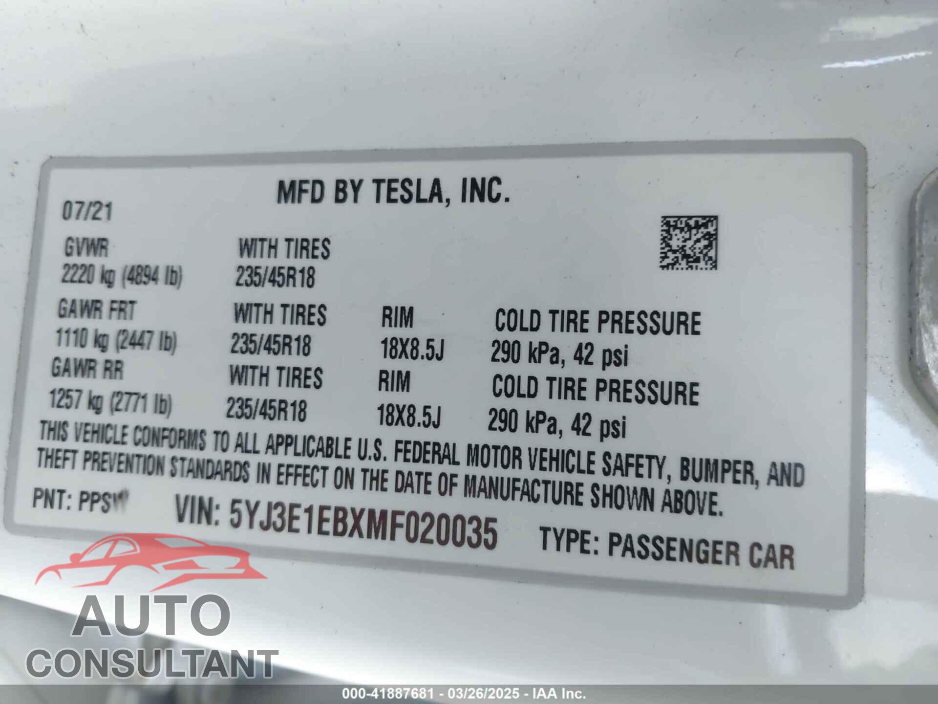 TESLA MODEL 3 2021 - 5YJ3E1EBXMF020035