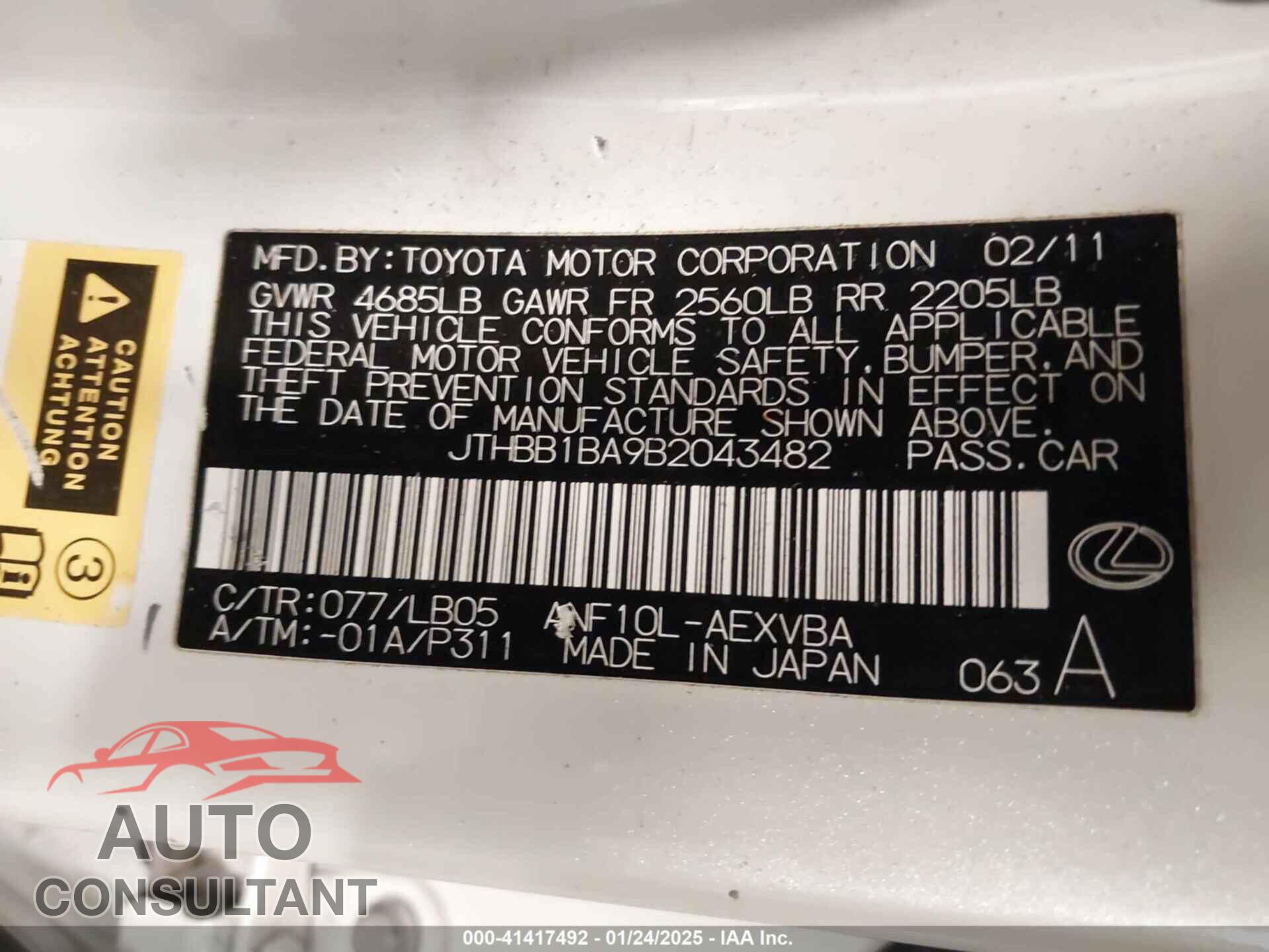 LEXUS HS 250H 2011 - JTHBB1BA9B2043482