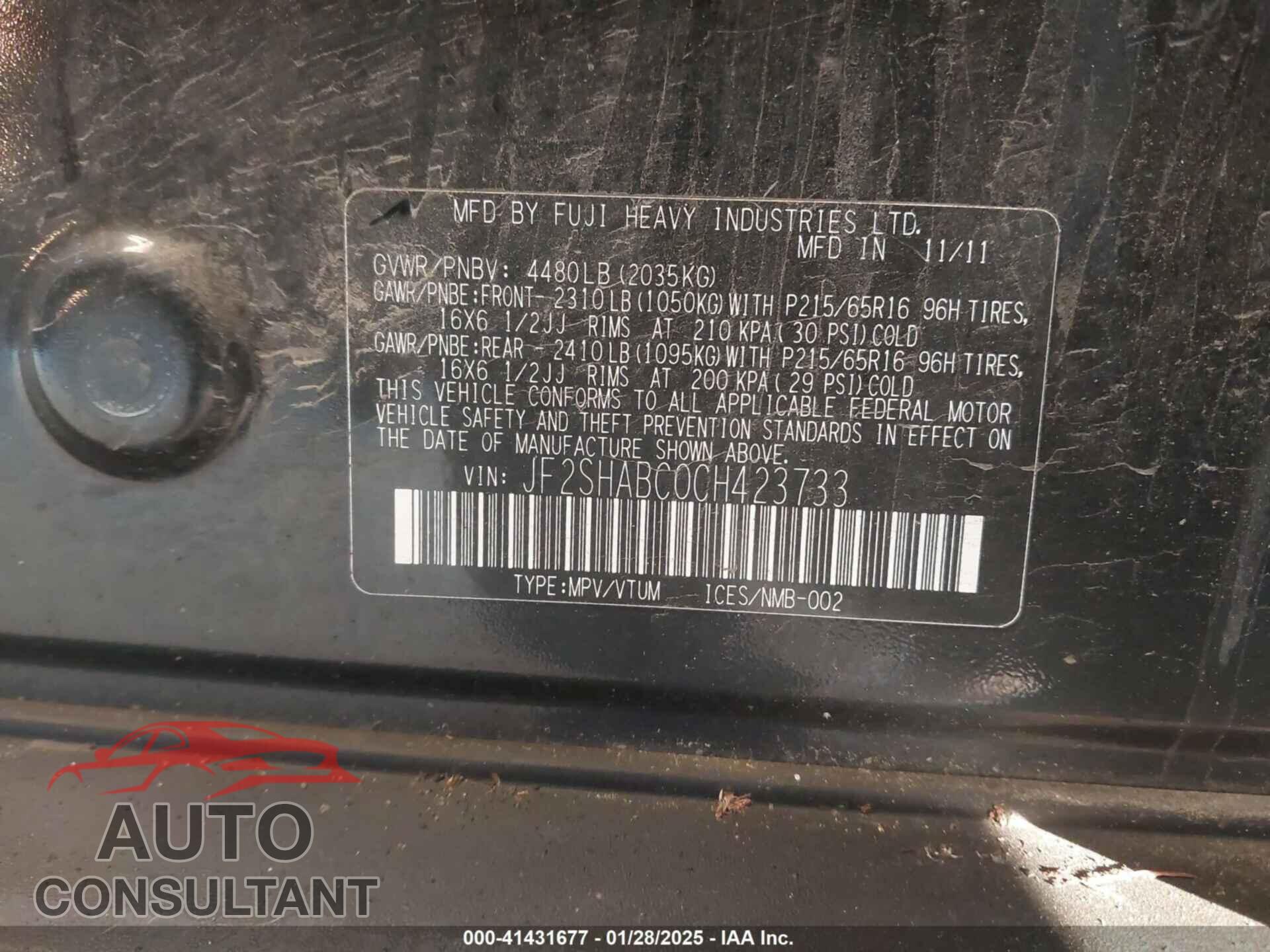 SUBARU FORESTER 2012 - JF2SHABC0CH423733
