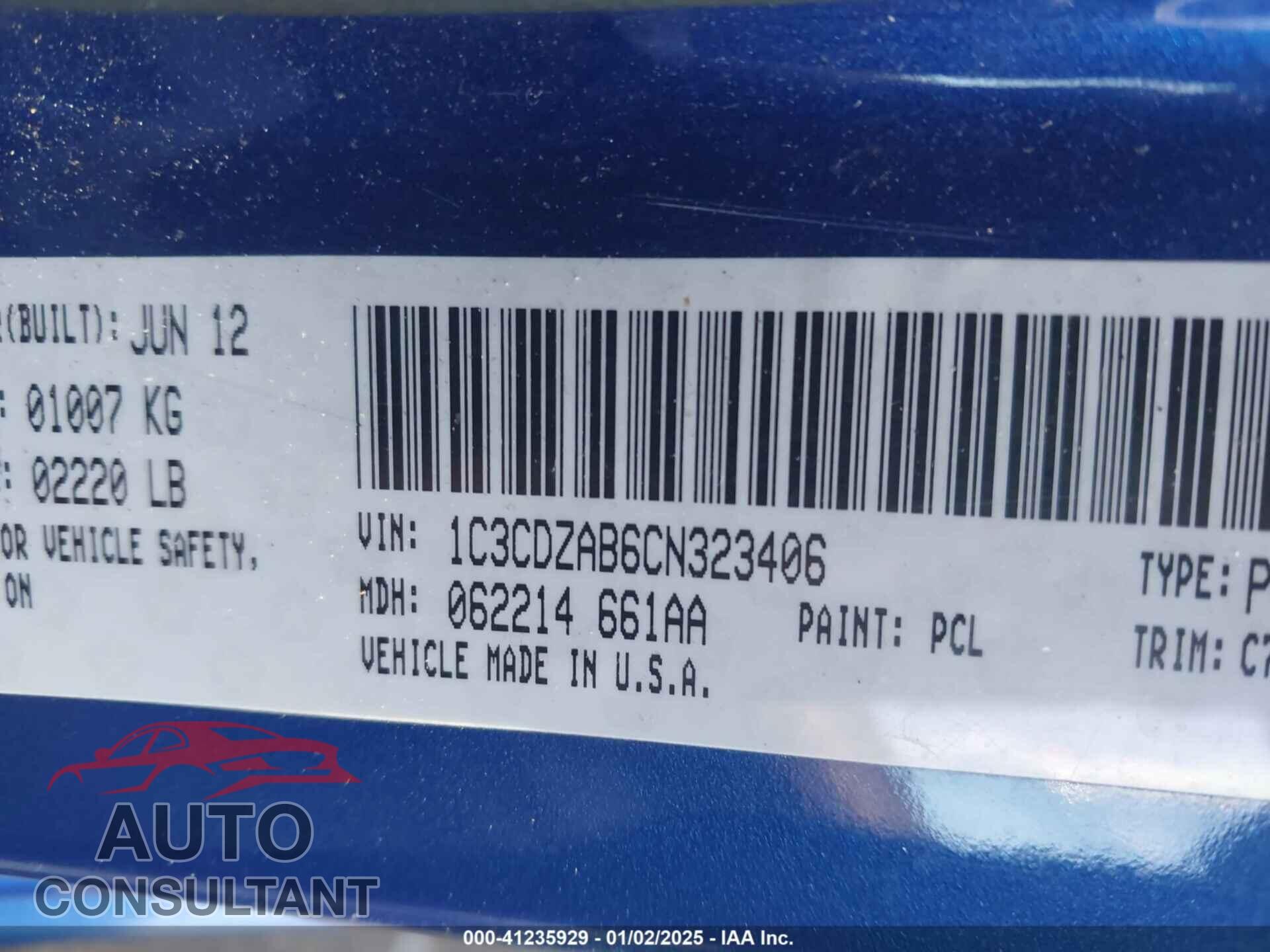 DODGE AVENGER 2012 - 1C3CDZAB6CN323406