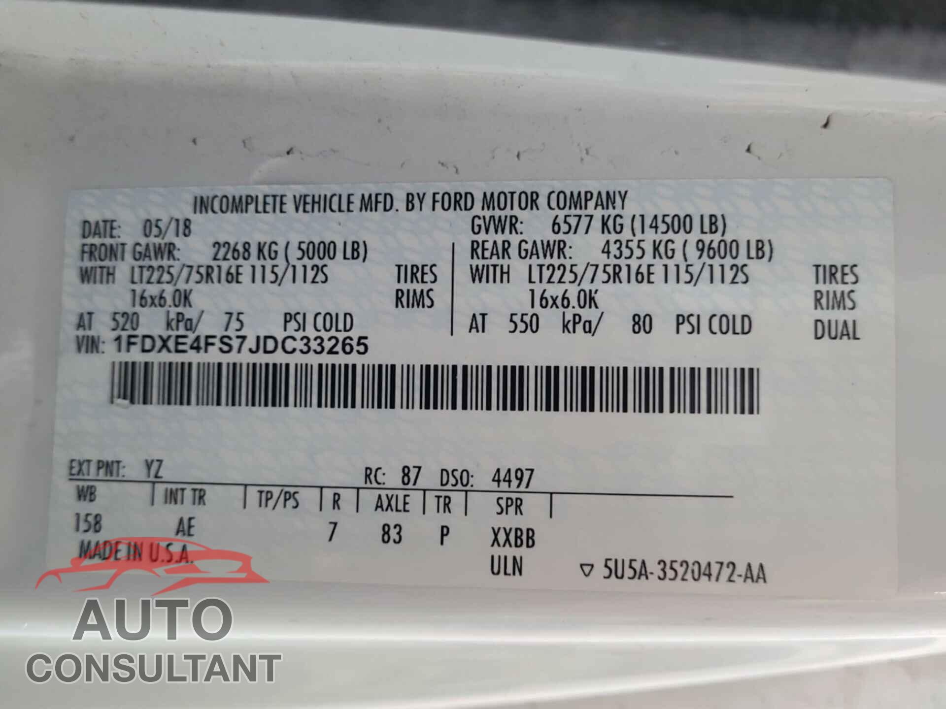 FORD E-450 CUTAWAY 2018 - 1FDXE4FS7JDC33265