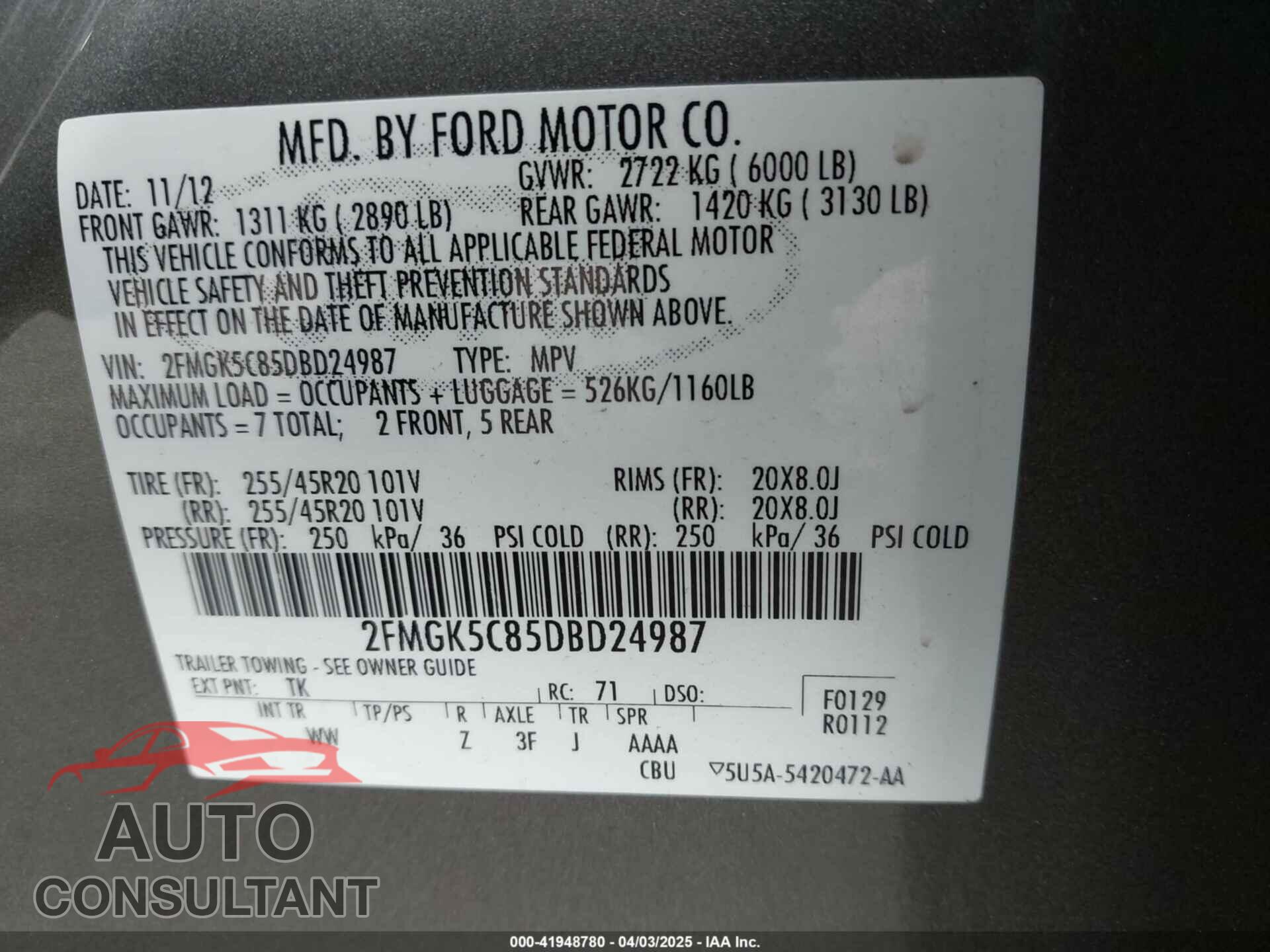 FORD FLEX 2013 - 2FMGK5C85DBD24987