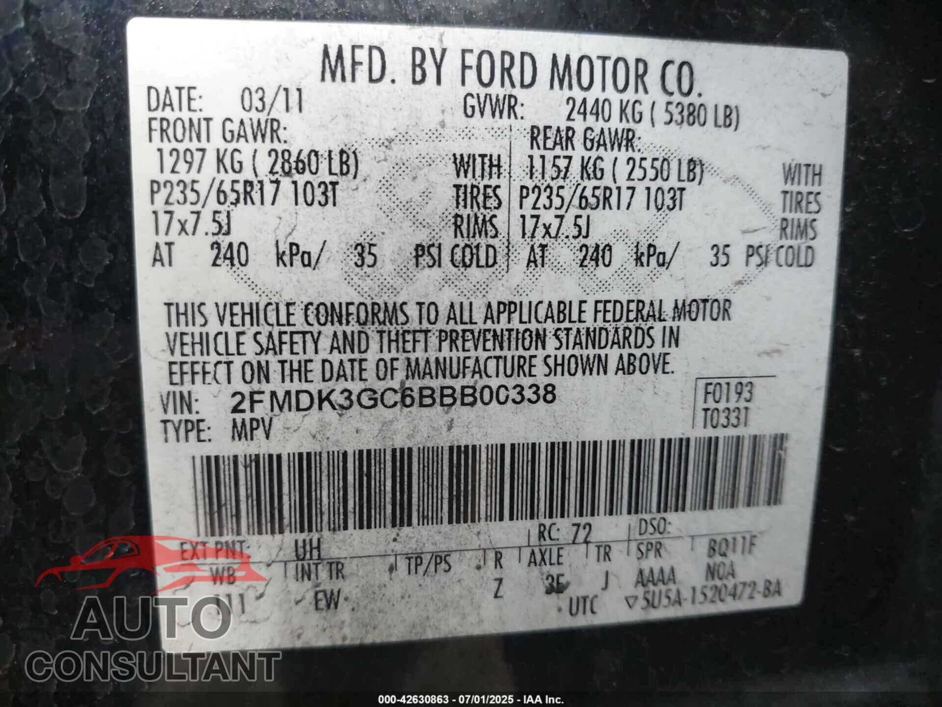 FORD EDGE 2011 - 2FMDK3GC6BBB00338