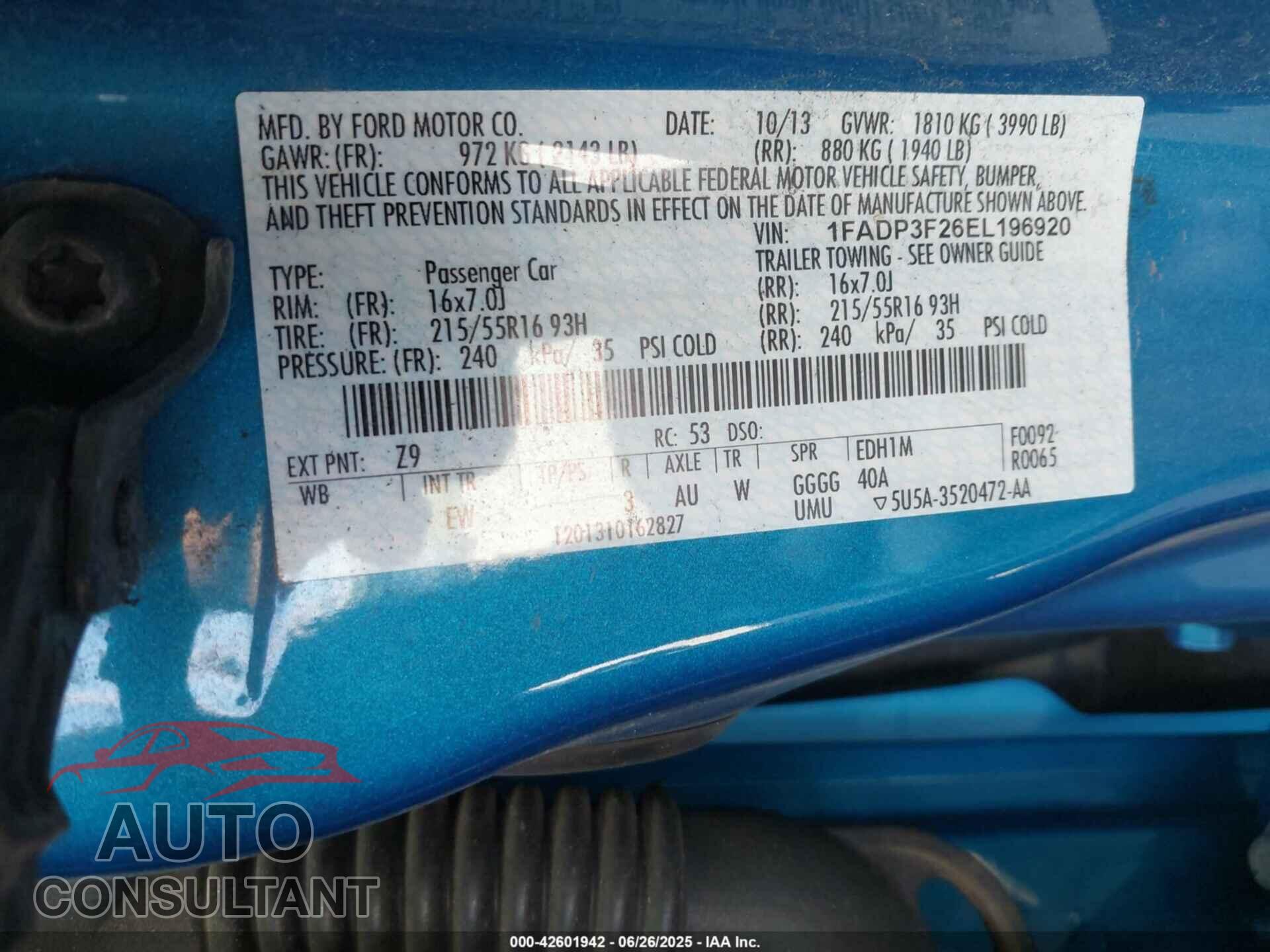 FORD FOCUS 2014 - 1FADP3F26EL196920